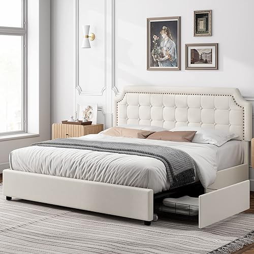 Keyluv Upholstered Queen Bed Frame with 4 Storage Drawers, Velvet Platform Bed with Curved Button Tufted Headboard with Nailhead