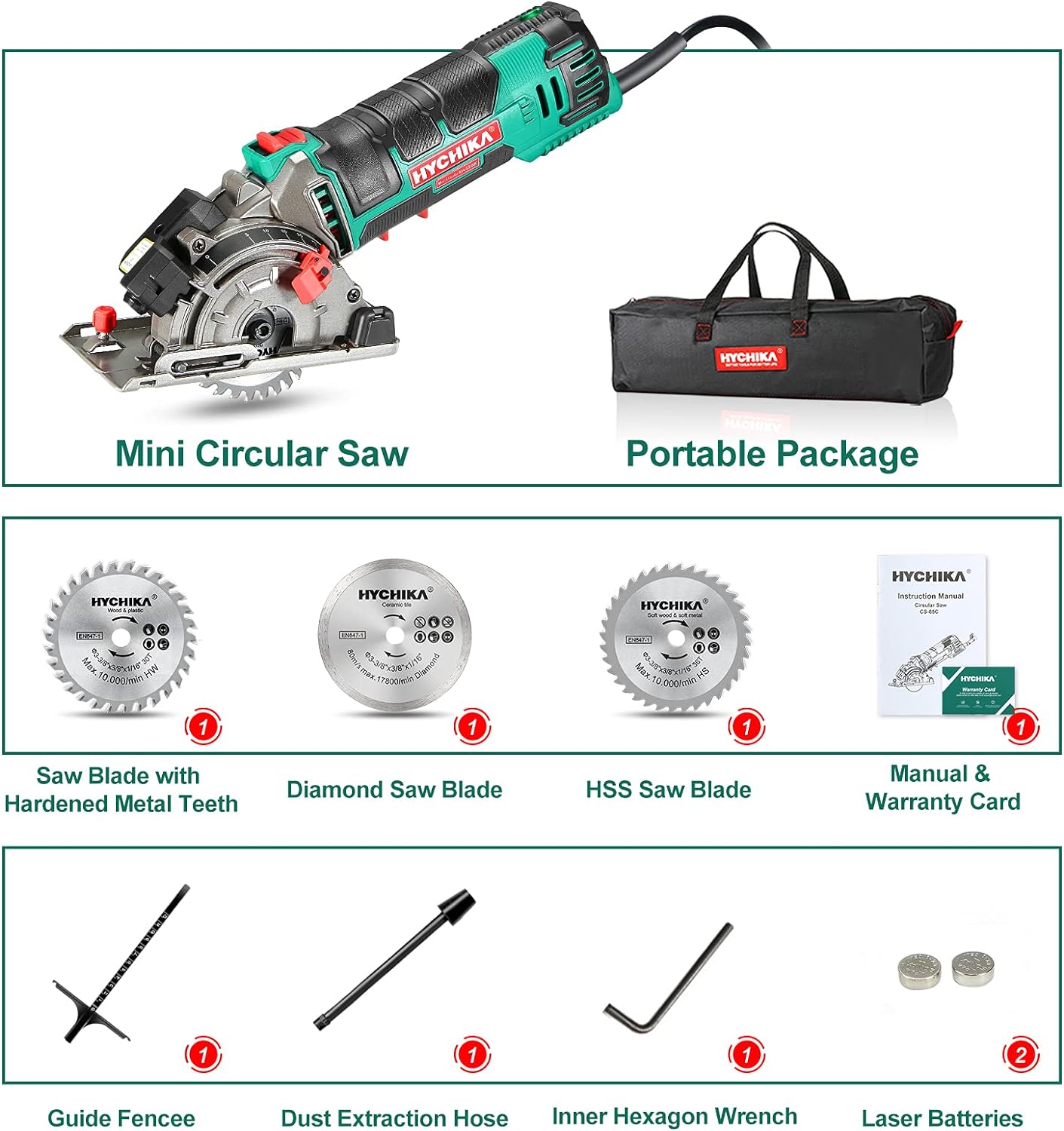 HYCHIKA Mini Circular Saw ,Compact Circular Saw Tile Saw with 3 Saw Blades , 3-3/8”4500RPM Ideal for Wood, Soft Metal