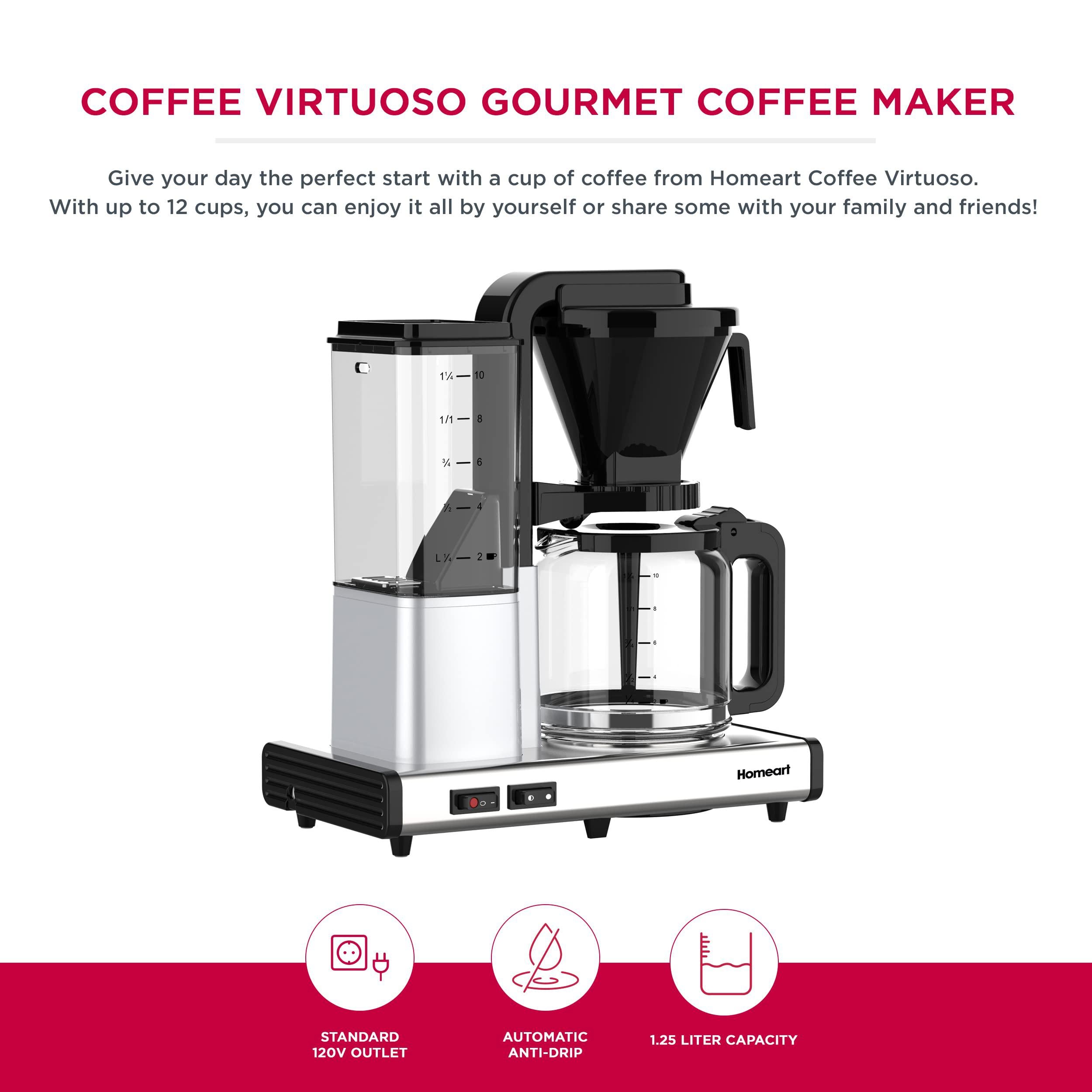 homeart coffee virtuoso gourmet coffee maker with automatic anti drip, auto shut-off &a; removable filter holder, makes 12 cups
