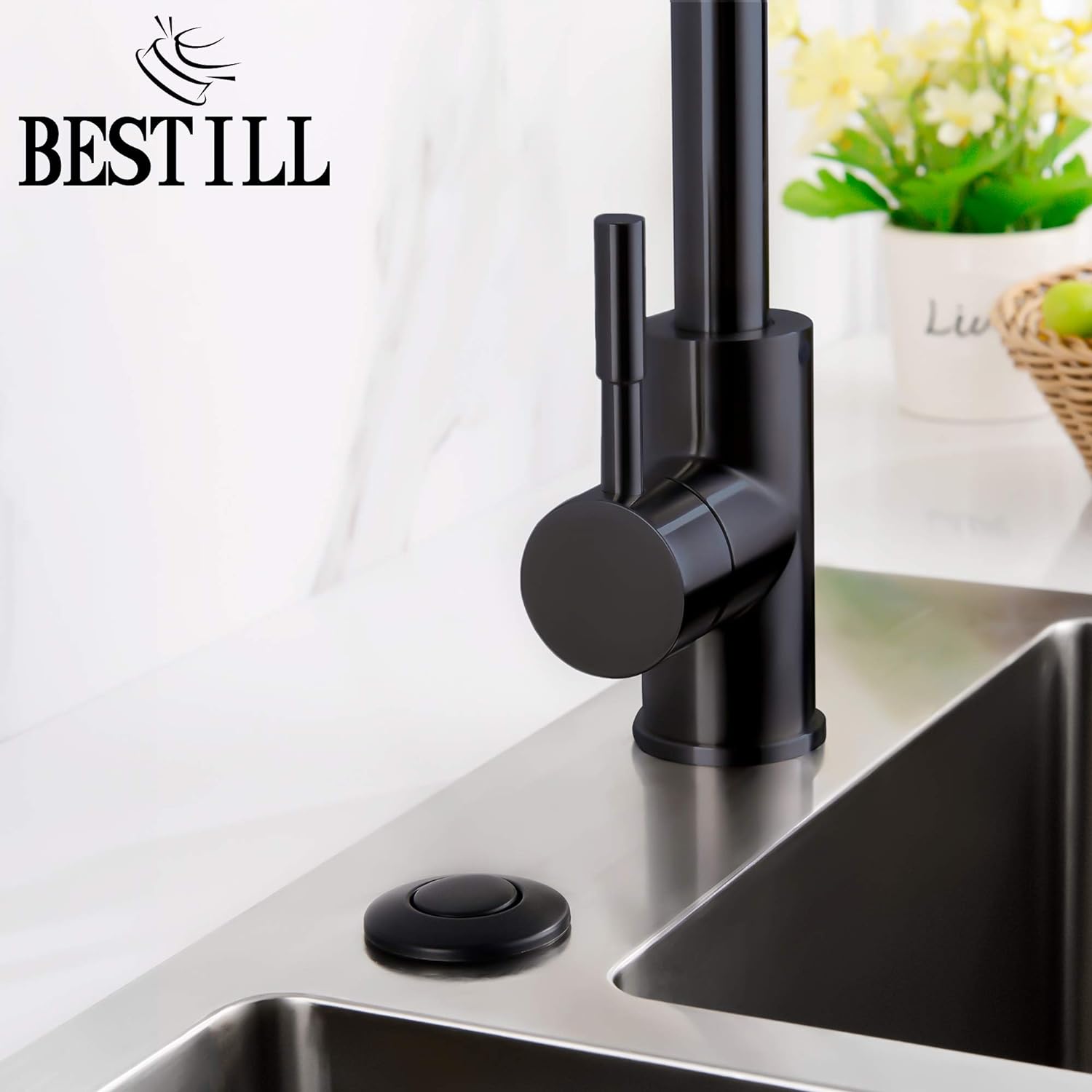 BeStill Sink Top Garbage Disposal Air Switch Button with Air Hose, Matte Black (Long Button with Brass Cover)