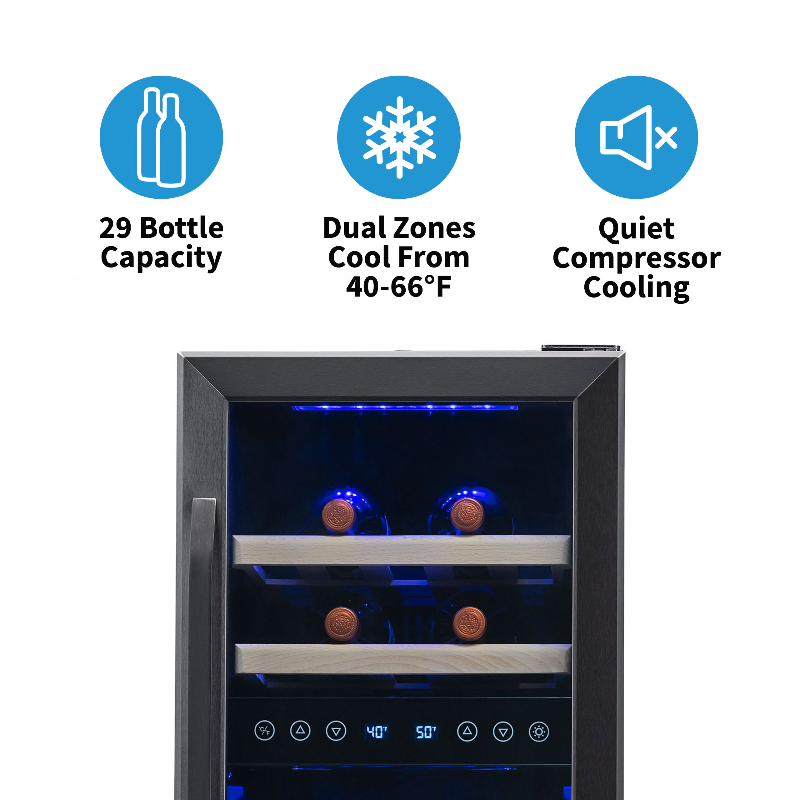 NewAir  Freestanding 28 Bottle Dual Zone Compressor Wine Fridge in Stainless Steel, Adjustable Racks and Exterior Digital Thermostat