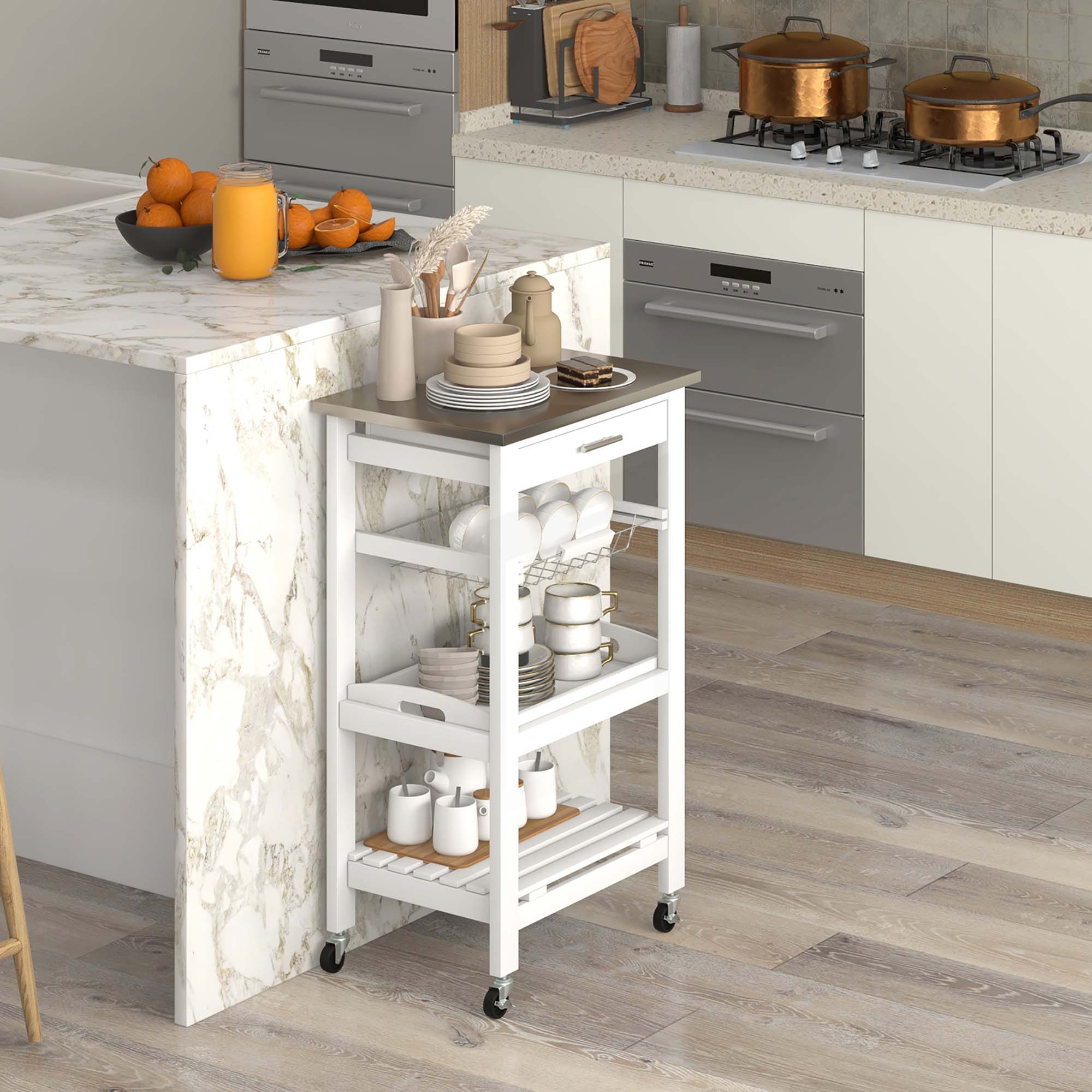 Costway Compact Kitchen Island Cart Rolling Service Trolley withStainless Steel Top Basket
