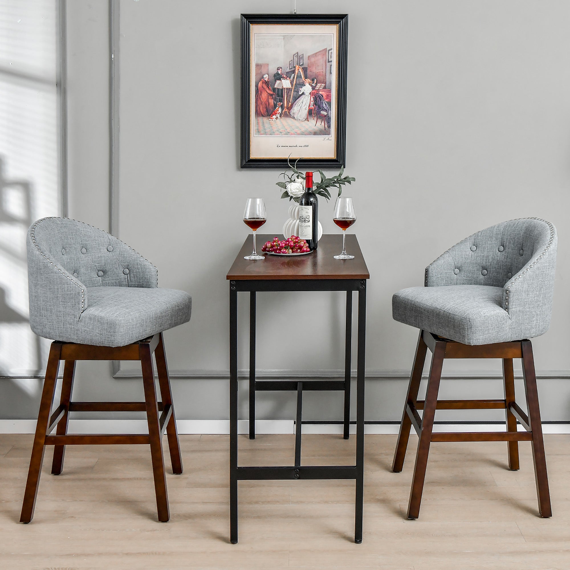 Costway Set of 2 Swivel Bar Stools Tufted Bar Height Pub Chairs with Rubber Wood Legs Grey/Beige