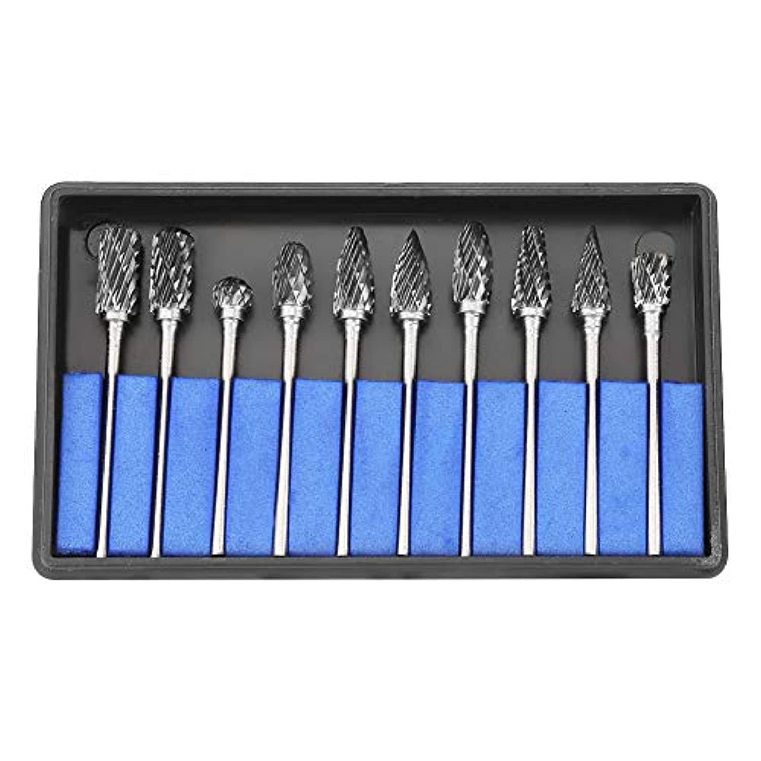 Yanmis carbide burr set, 10pcs double cut solid carbide rotary burr set with 2.35mm shank for carving, shaping and for the removal o