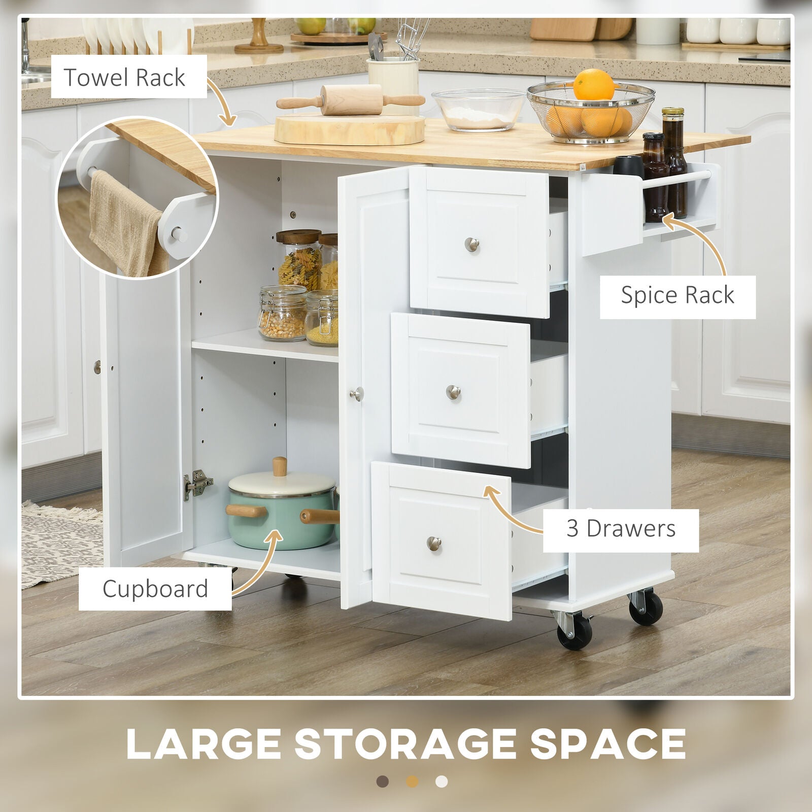 GCP Products Kitchen Island On Wheels, Kitchen Cart With Drop Leaf, 3 Drawers