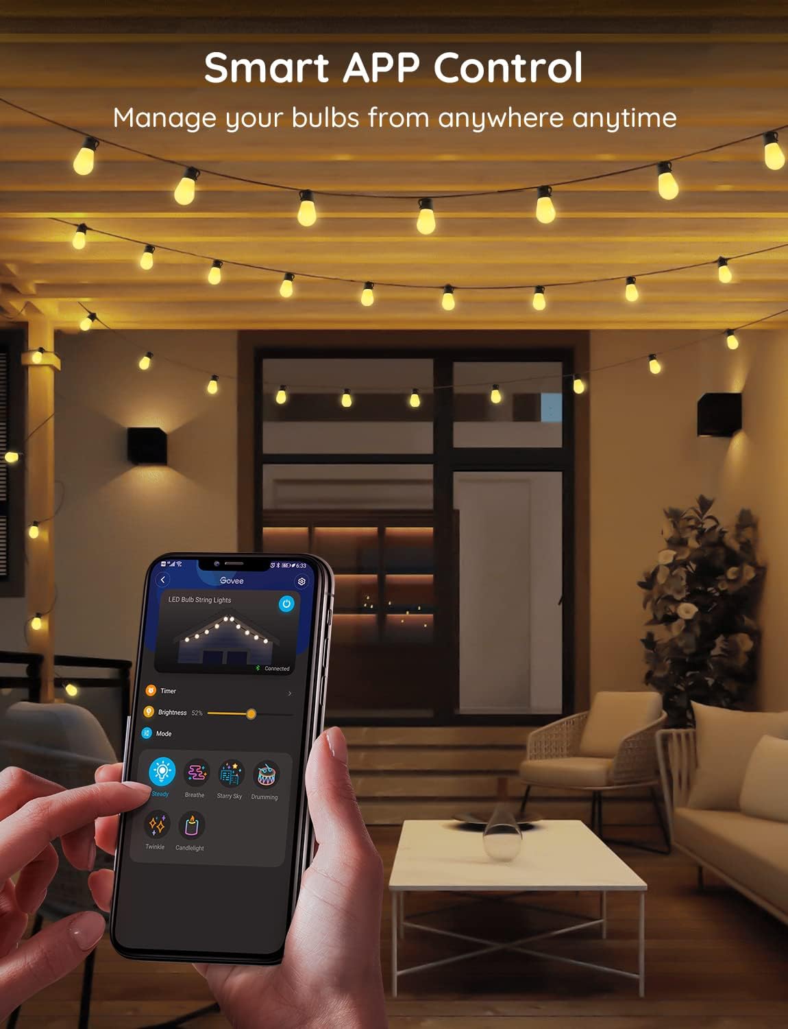 Govee Smart Outdoor String Lights, 48ft WiFi Alexa String Lights with App Control, IP65 Waterproof Outdoor Lights with 15 Dimmable Wa