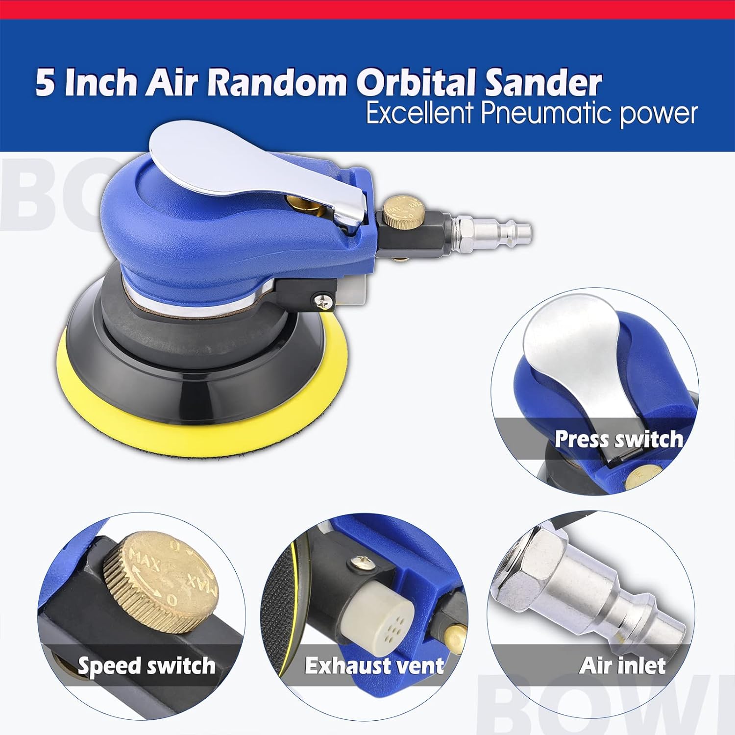 BOWD 5 inch air random orbital sander, pneumatic palm sander tool with 10 pcs sandpapers, air sanders for auto body work by bowd