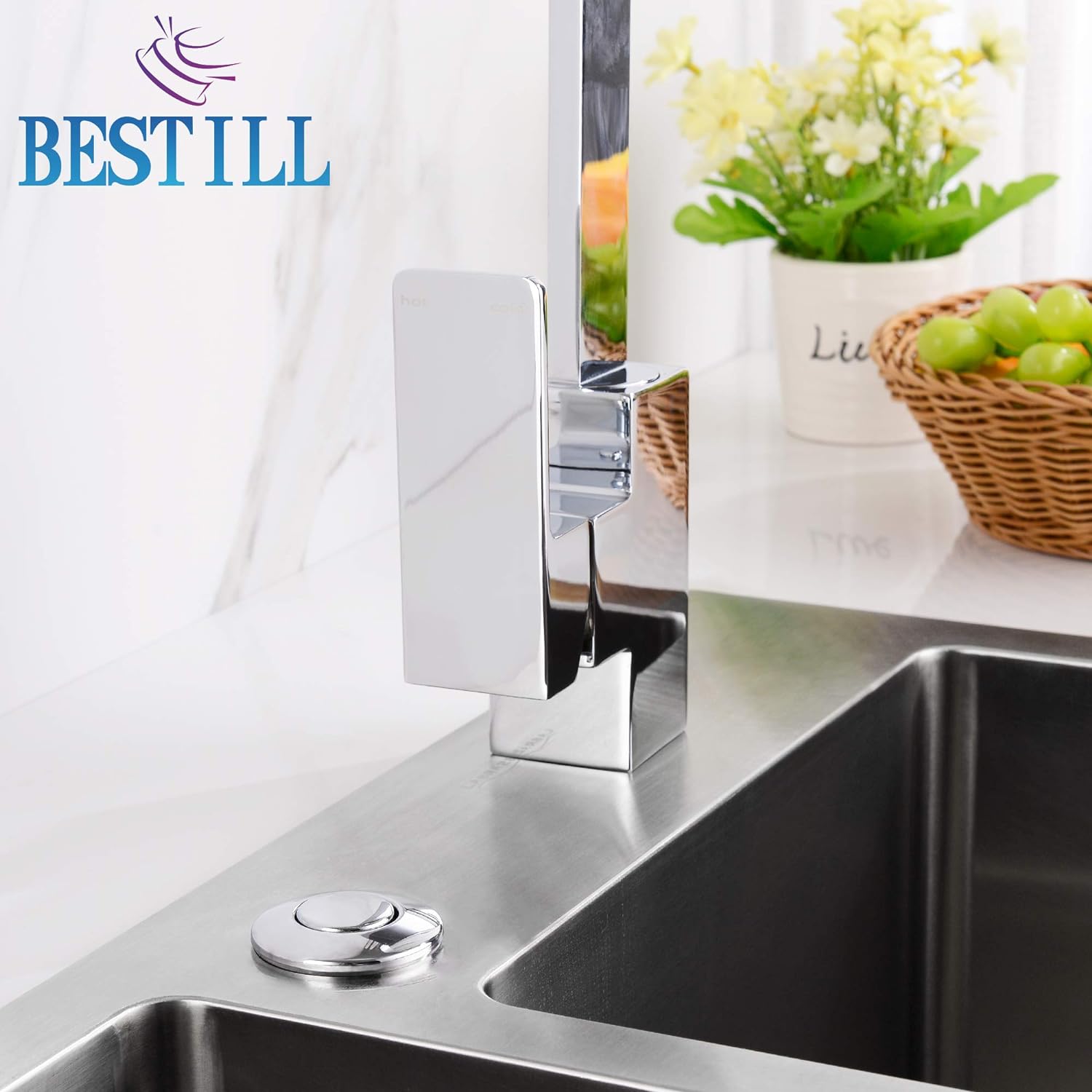 BeStill Sink Top Garbage Disposal Air Switch Kit with Single Outlet, Long Chrome Push Button