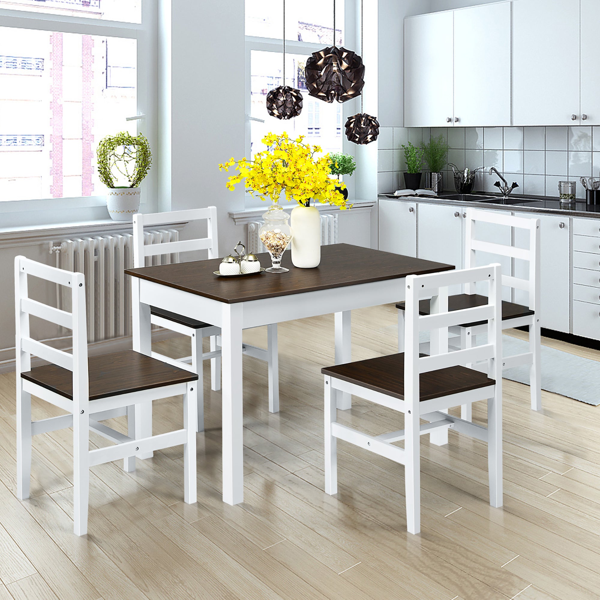 Costway 5pcs Dining Set Solid Wood Compact Kitchen Table &a; 4 Chairs Modern