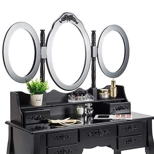 Great Choice Products Dressing Table Makeup Vanity Table Set With Mirror With 7 Drawers +Vanity Stool
