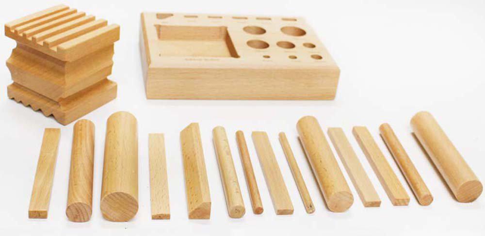toolusa 16 piece wooden swage block set with various shaped punches: tj-43352