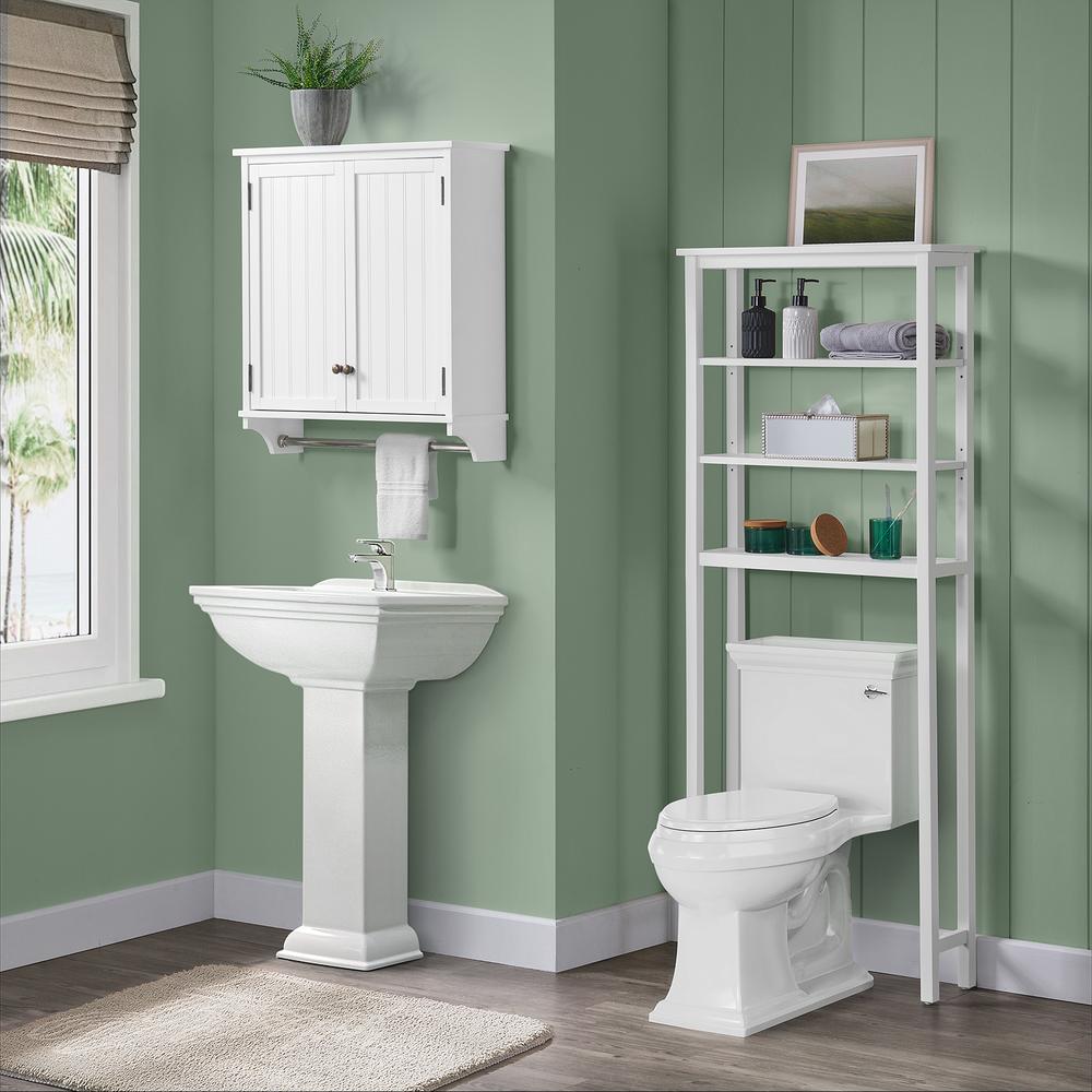 Bolton Furniture Dover Over Toilet Organizer with Open Shelving, Wall Mounted Bathroom Storage Cabinet with 2 Doors and Towel Rod