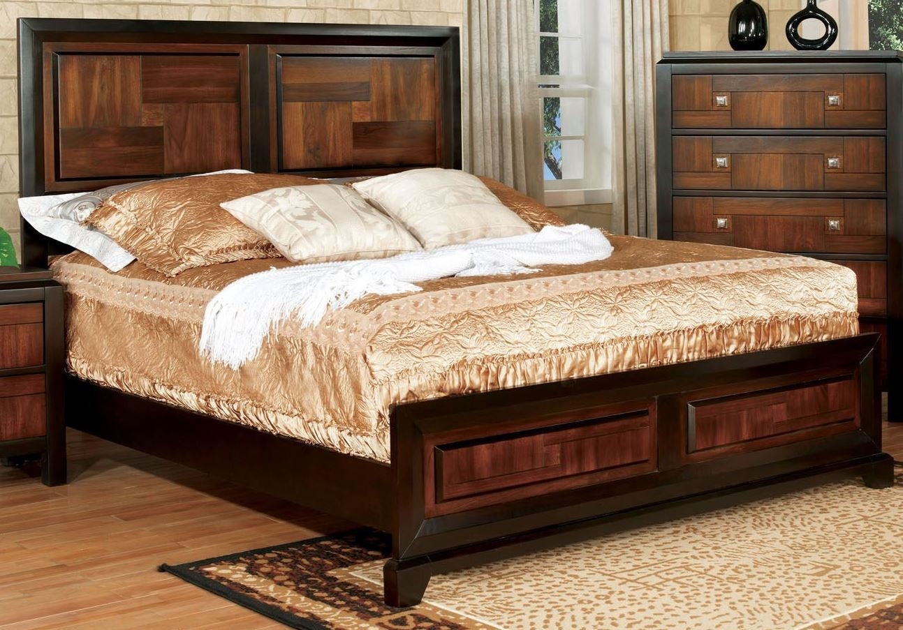Esofastore Walnut Acacia Finish Two Tone 3pc Master Bedroom Furniture Eastern King Size Bed 2x Nightstands Transitional Look Solid wood