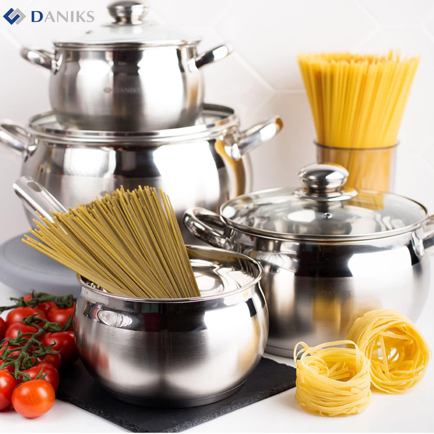 daniks classic stainless steel kitchen induction pot cookware set | 6-piece | dishwasher safe pots with lid | 2 quart + 3 qua