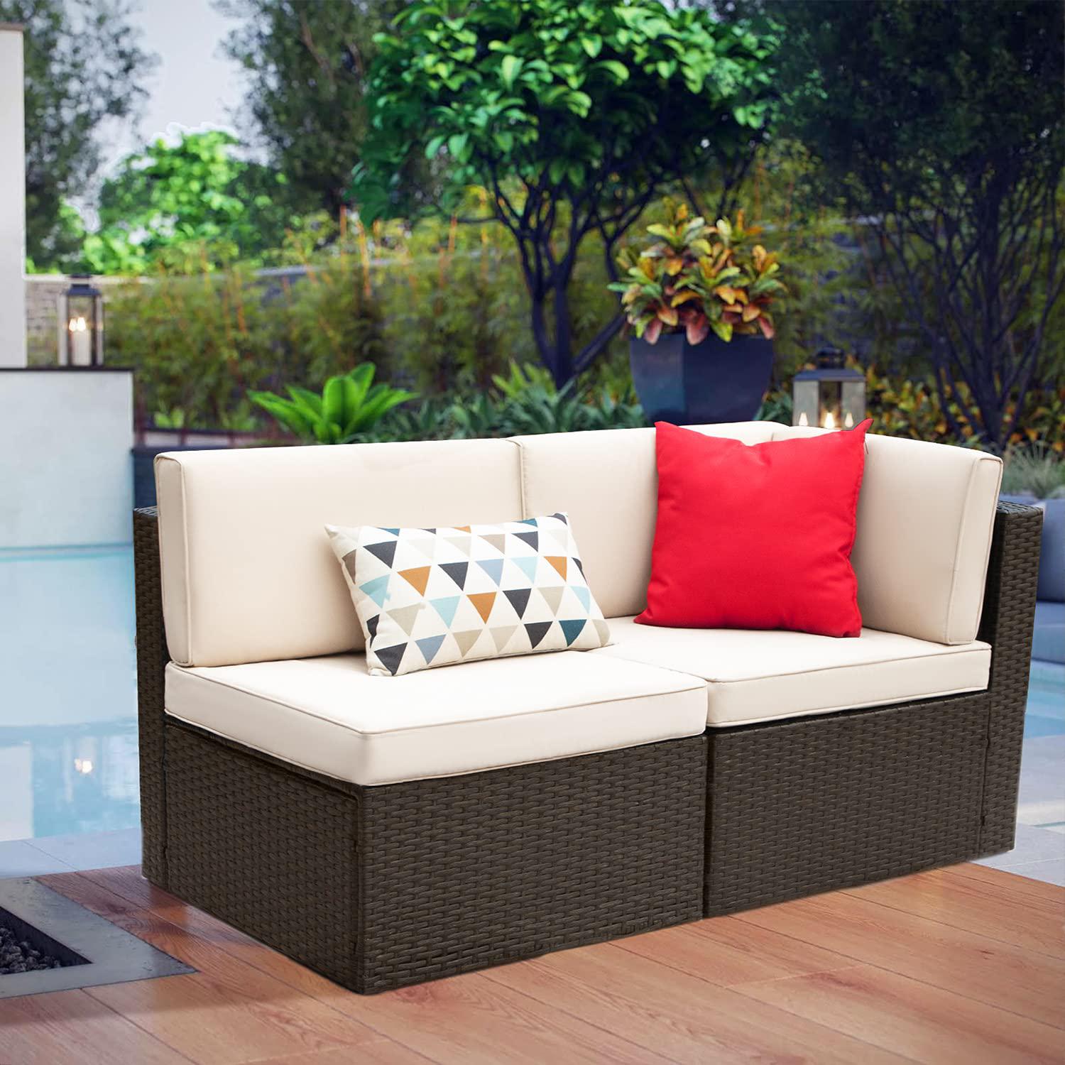 devoko patio furniture sofa sets outdoor all-weather sectional corner sofa and armless sofa (beige, 2 pcs patio sofa set)