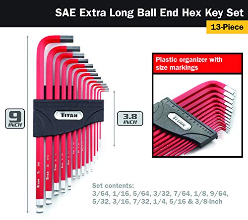 Titan Tools Titan 12713 Extra-Long Arm Ball Tip SAE Hex Key Set, 13 Piece , Red