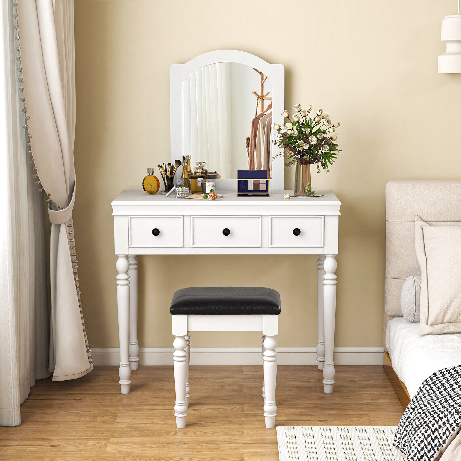 Great Choice Products Vanity Table Set Makeup Desk Cushioned Stool 3 Drawer Large Mirror White