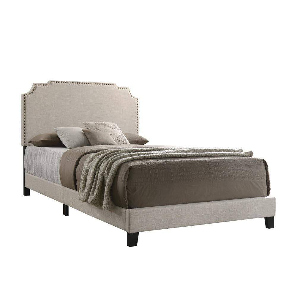 Benjara Fabric Upholstered Wooden Queen Size Bed with Nailhead Trims, gray