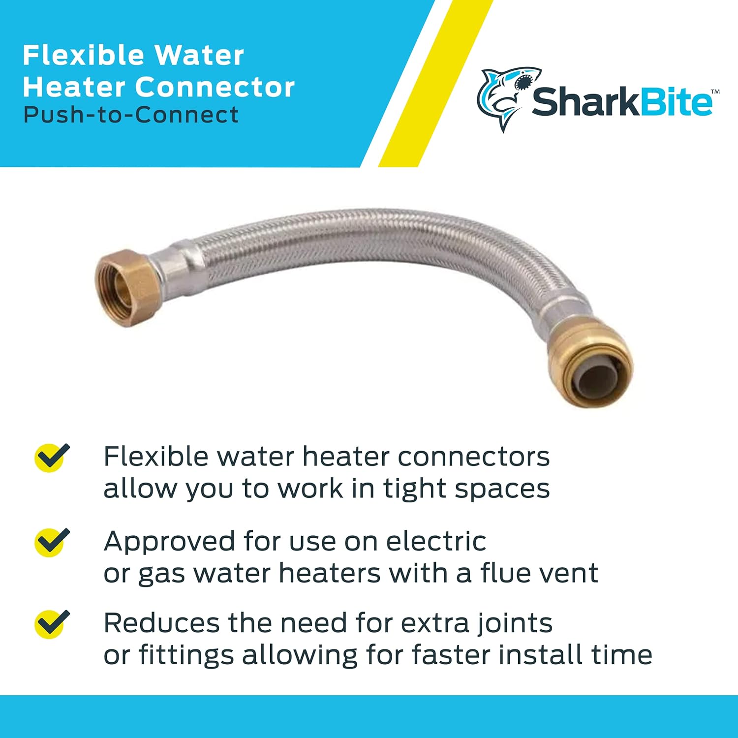 Cash Acme SharkBite 3/4 Inch x 3/4 Inch FIP x 12 Inch Stainless Steel Braided Flexible Water Heater Connector, Push To Connect Brass Plum