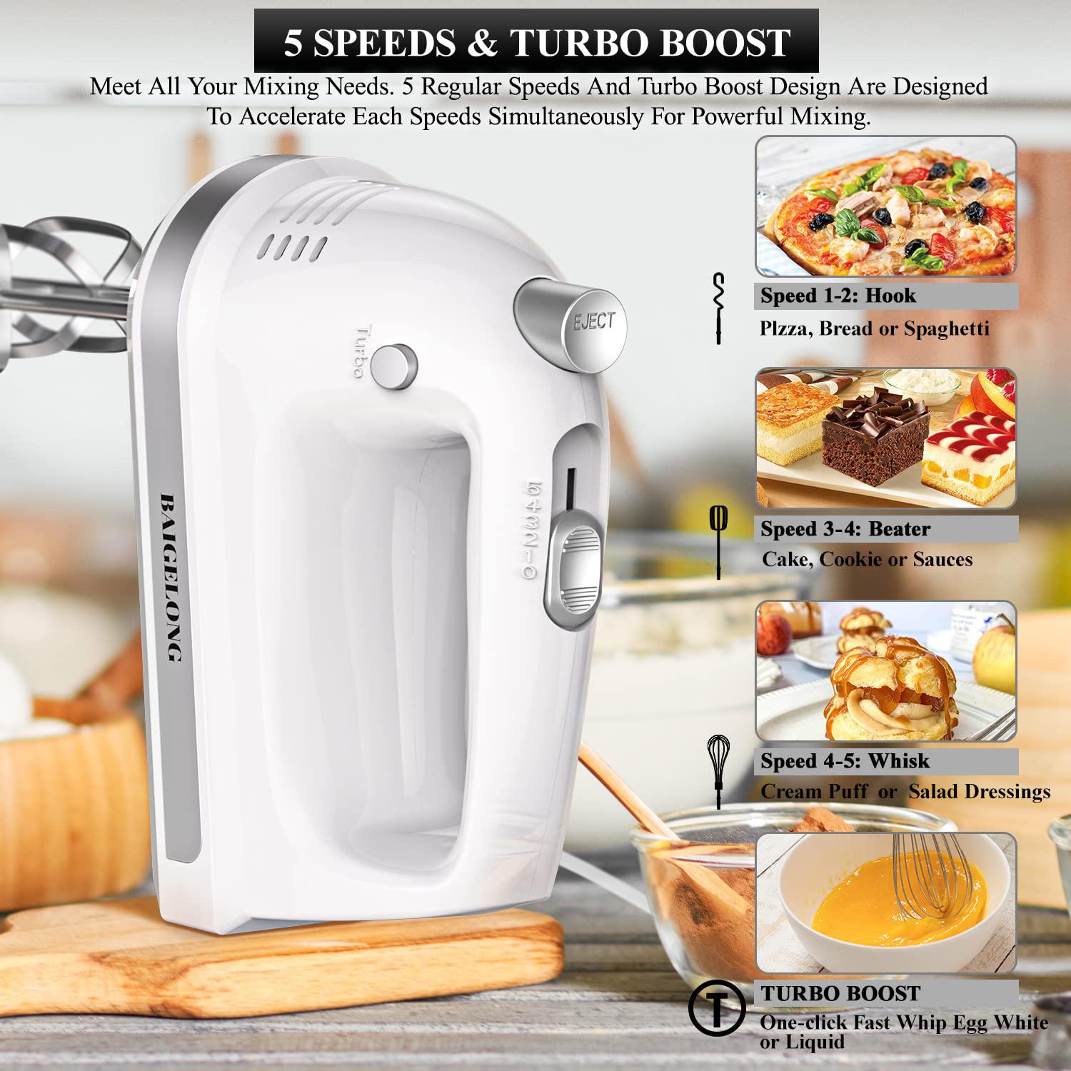 baigelong hand electric mixer, 300w ultra power food kitchen mixer with 5 self-control speeds + turbo boost, 5 stainless stee