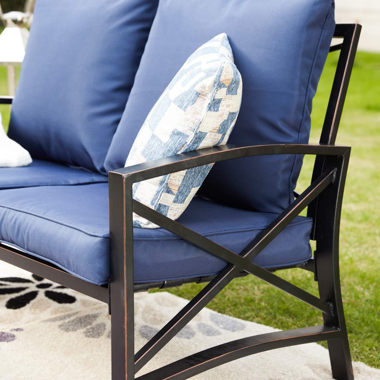 lokatse home 2 pcs outdoor patio bistro furniture set conversation metal chair loverseat coffee tabel with cushion, blue