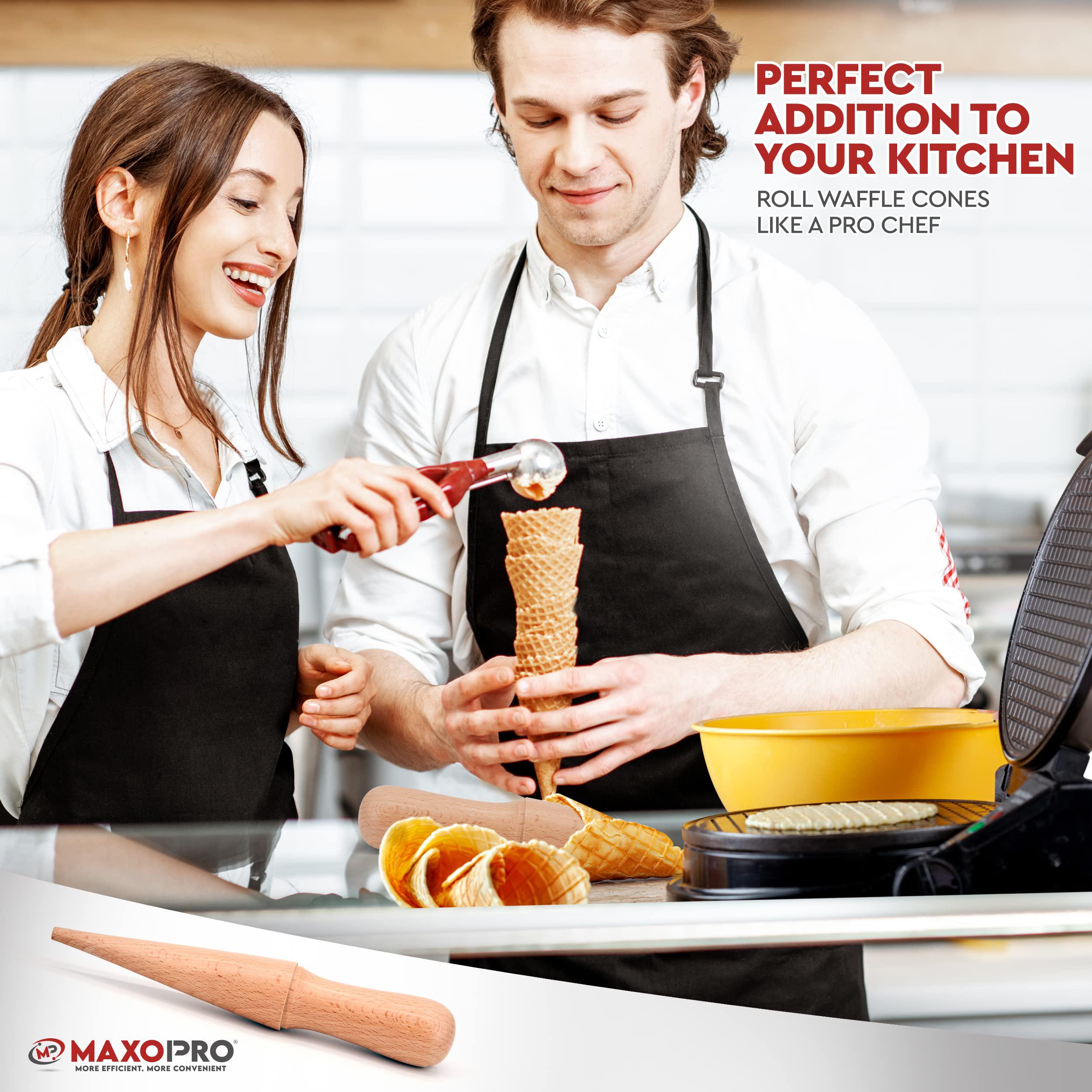 maxopro ice cream waffle cone roller - 8.6 inch strong &a; smooth krumkake cone roller - wooden pizzelle cone mold - non-slip h