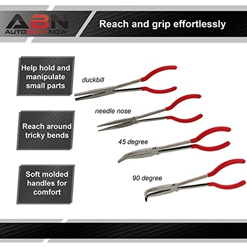ABN Long Reach 11in Plier 4-Piece Set ?90-Degree Angle, 45-Degree Angle, Straight Needle Nose, and Duckbill Pliers