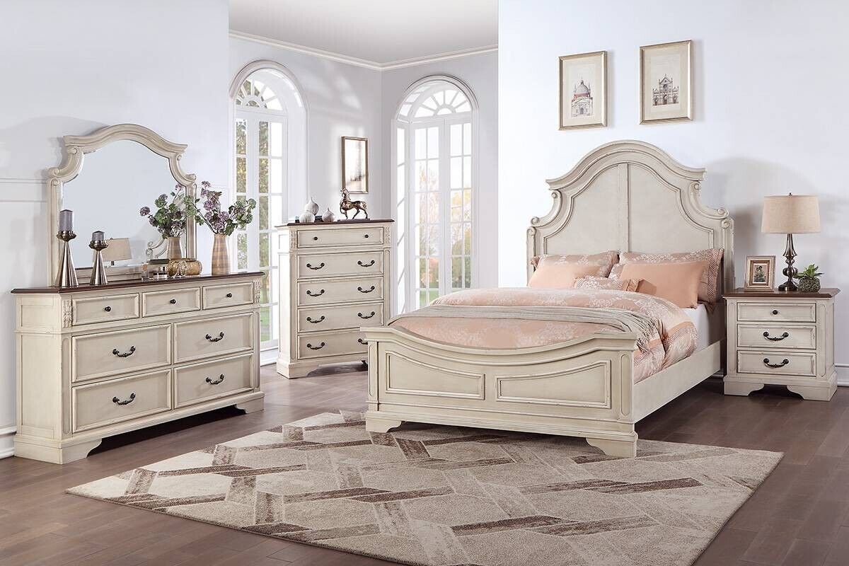 Esofastore Formal Look Gorgeous Eastern King Size Bed and 2x Nightstands 3pc Set Bedroom Furniture Cream Finish 3pc Set Unique HB FB