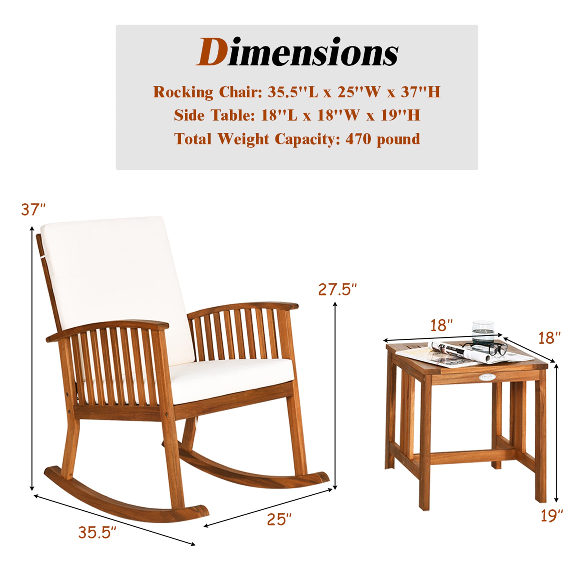 Costway 2PCS Acacia Wood Patio Rocking Chair Set Cushioned Coffee Table