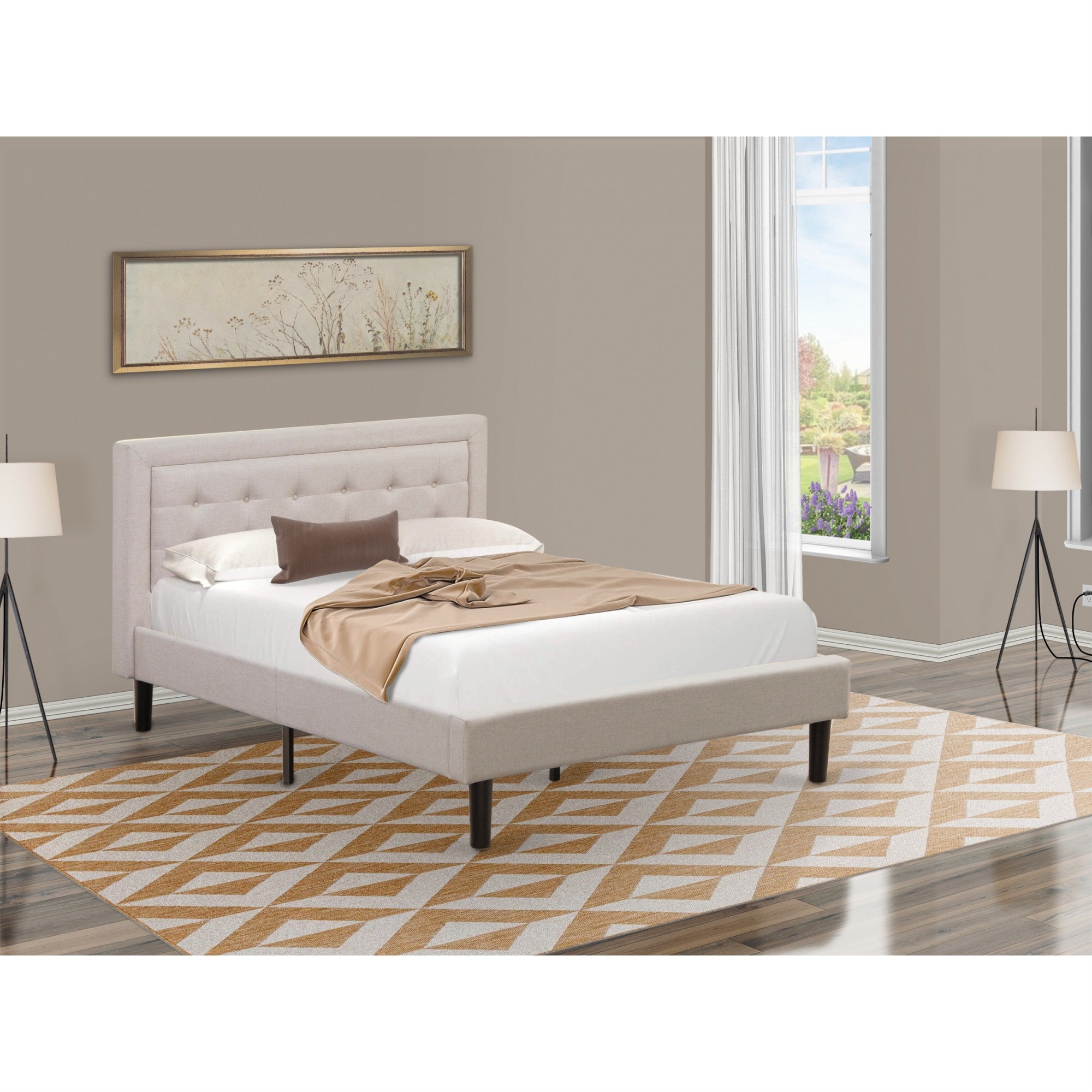 East West Furniture FNF-08-F Platform Full Size Bed - Mist Beige Linen Fabric Upholestered Bed Headboard with Button Tufted Tr