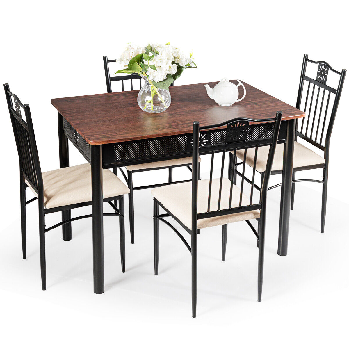 Great Choice Products 5 Pcs Dining Set Wood Metal Table &a;4 Chairs House Room Kitchen Breakfast