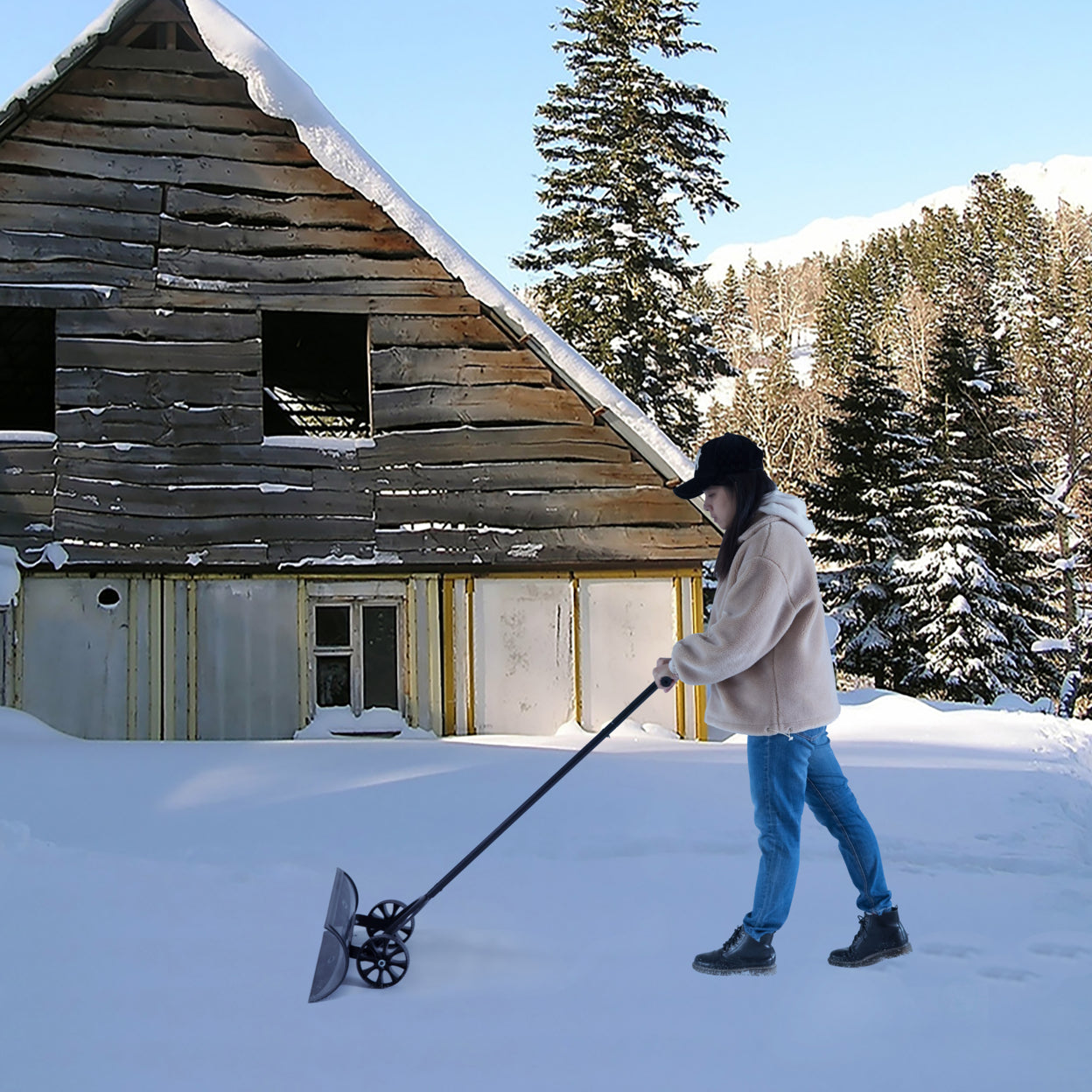 Gardenised Black Heavy Duty Snow Shovel Rolling Pusher Remover with Wheels and Wide Blades