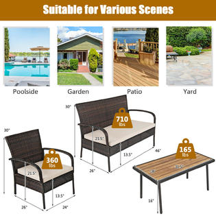 Gymax 4PCS Cushioned Rattan Patio Conversation Set Outdoor Furniture Set