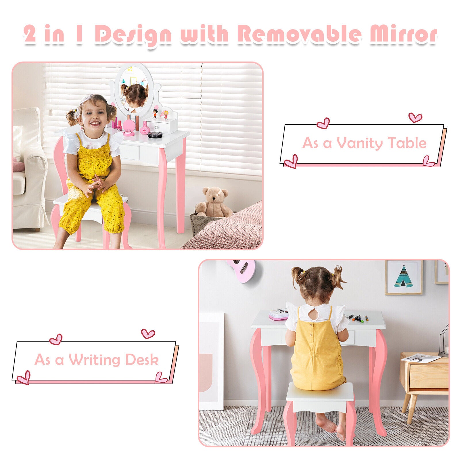 Great Choice Products Kids 2-In-1 Vanity Table Writing Desk W/ Removable Top &a; Curved Legs White