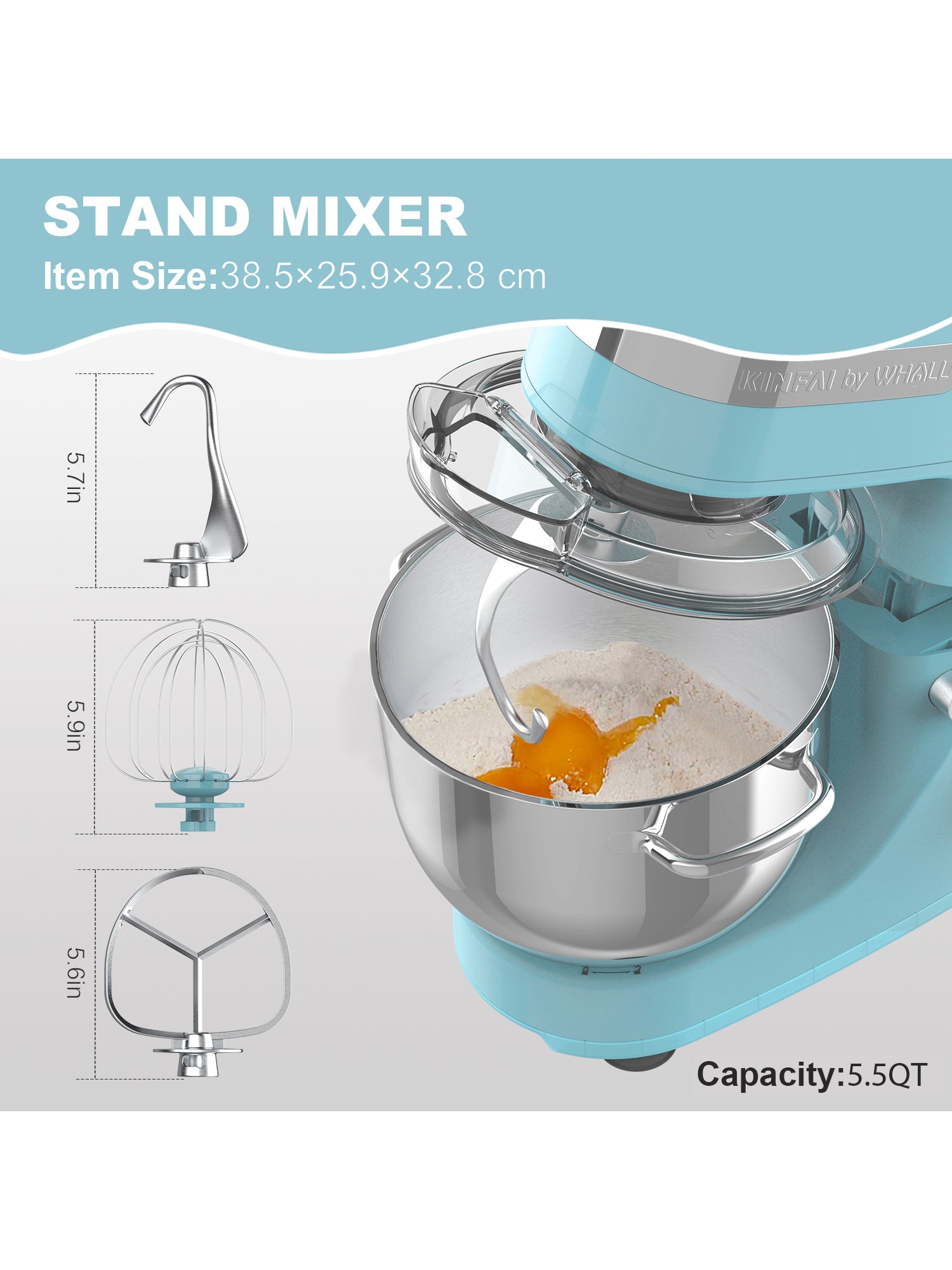 Whall Kinfai Electric Kitchen Stand Mixer Machine with 5.5 Quart Bowl for Cooking and Baking, Blue