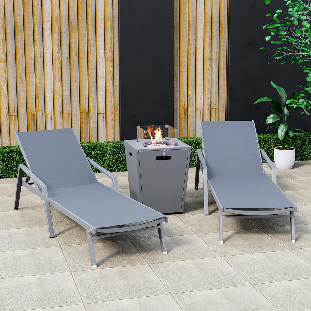 Leisuremod Aluminum Patio Chaise Lounge Chair With Arms Set of 2 with Fire Pit Side Table