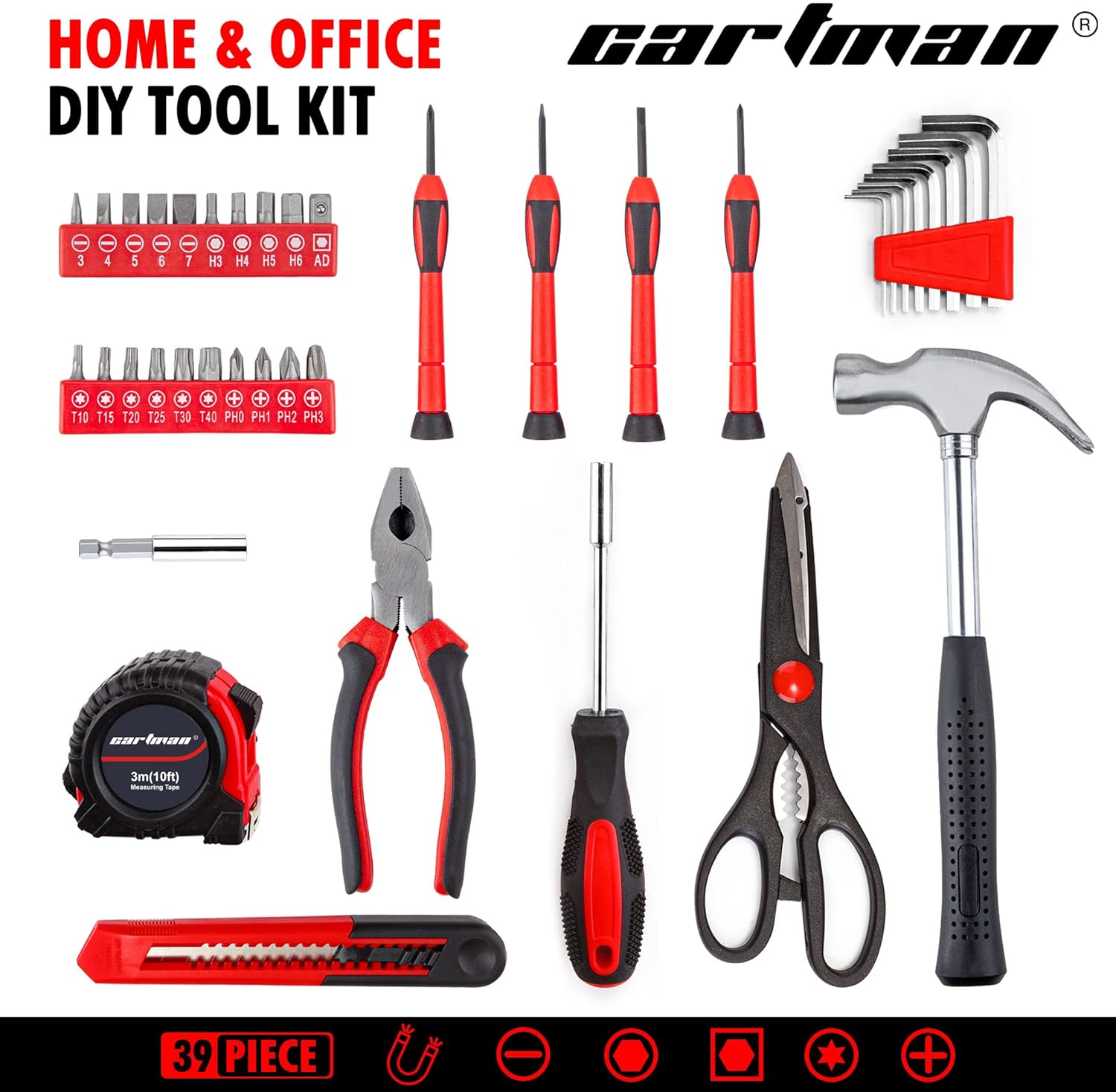 Cartman 39Piece Tool Set General Household Kit with Plastic Toolbox Storage Case Cutting Plier Red