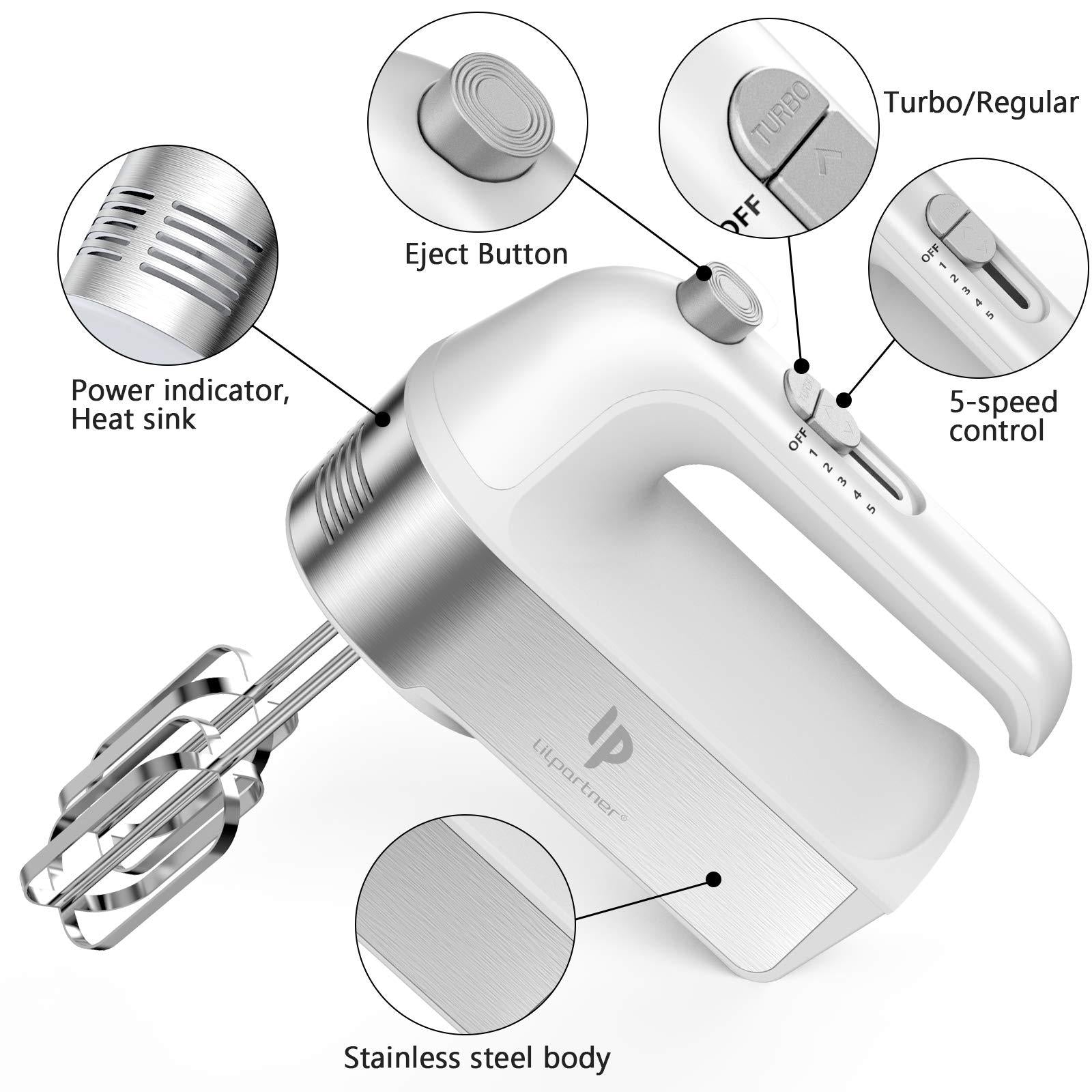LiLpartner hand mixer electric, 450w kitchen mixers with scale cup storage case, turbo boost/self-control speed + 5 speed + eject button