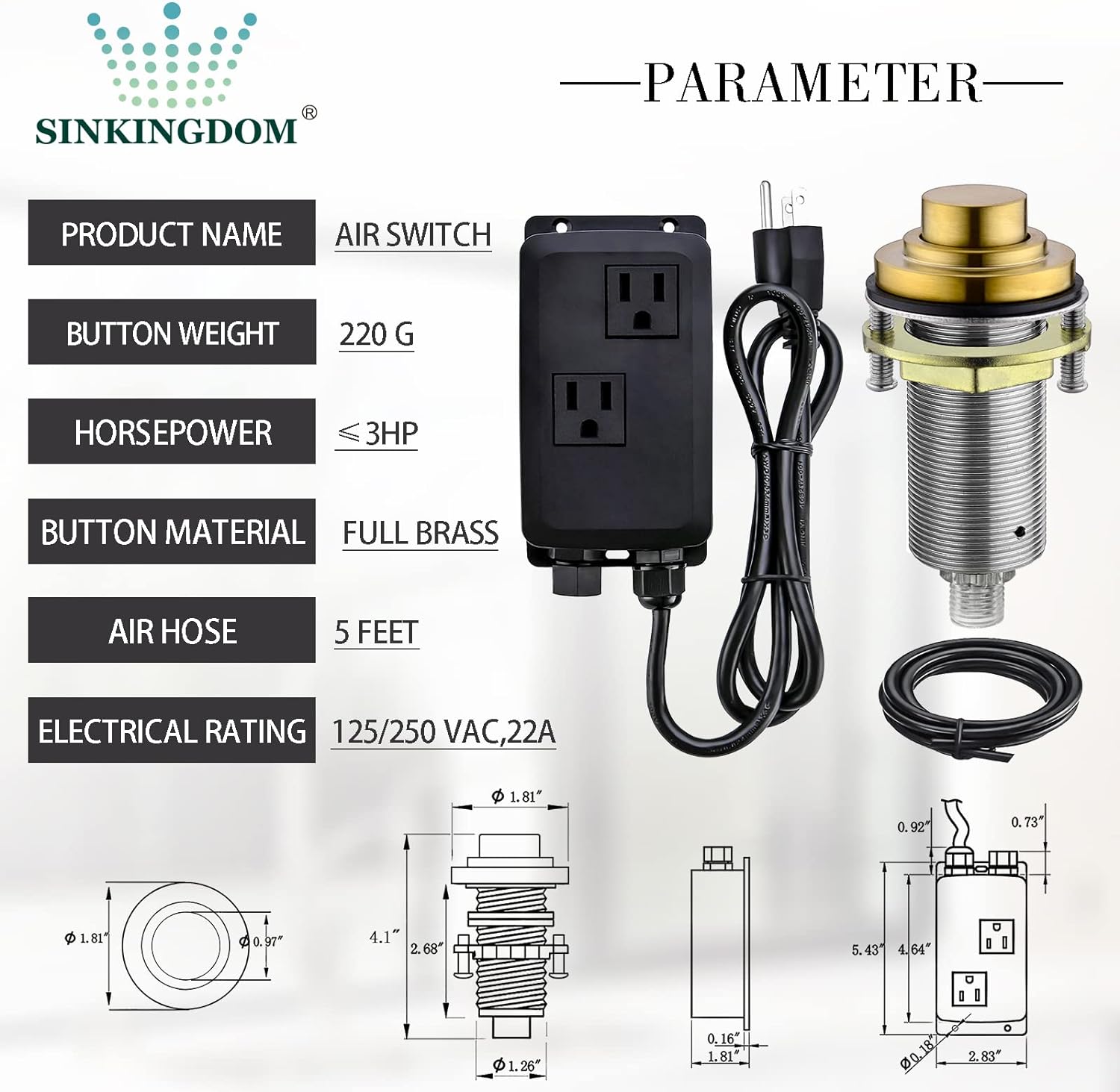 SINKINGDOM SinkTop Air Switch Kit with Brass Gold Long Button (Full Brass) for Garbage Disposal