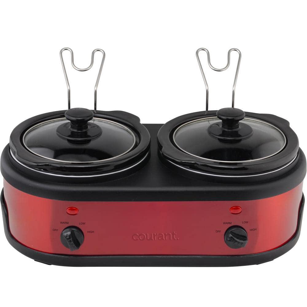 courant 3.2-quart double slow cooker (1.6-qt each) w/warm settings, stainproof stoneware pots and glass lids - red stainless