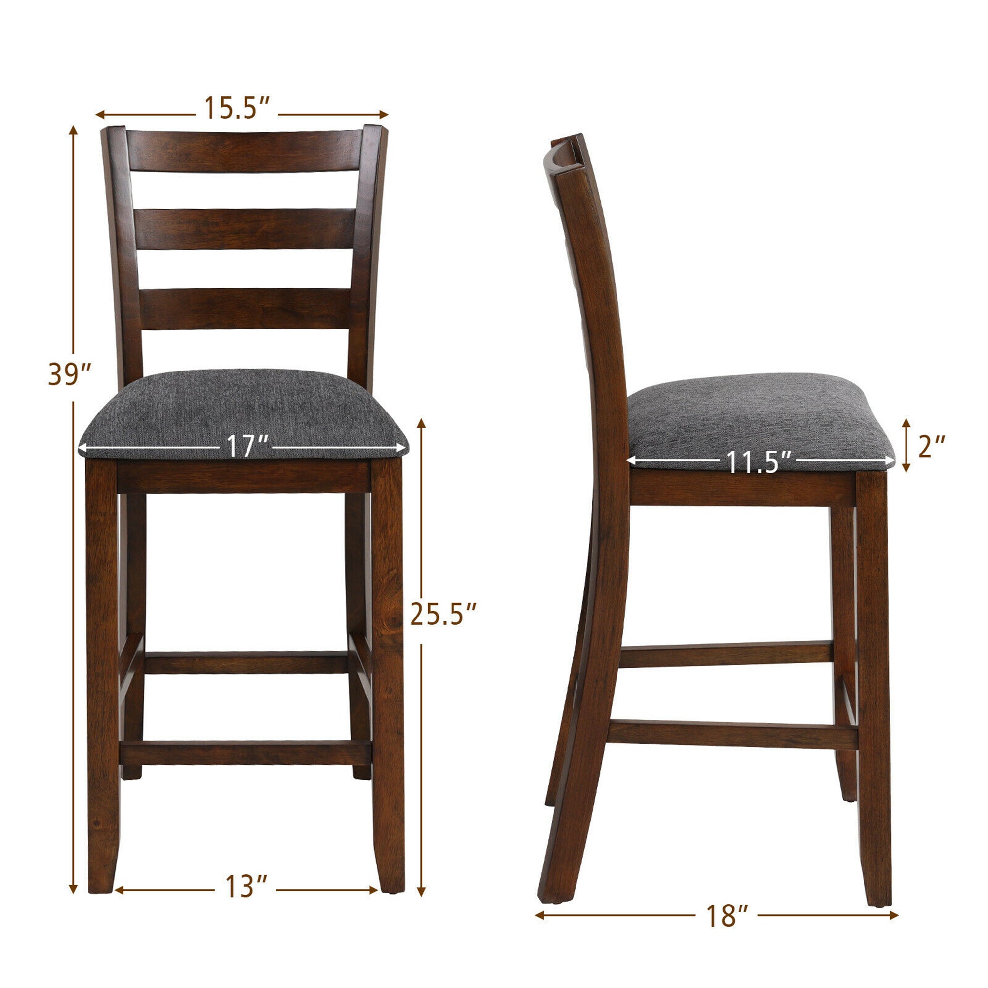 Costway Set of 2 Barstools Counter Height Chairs w/Fabric Seat &a; Rubber Wood Legs