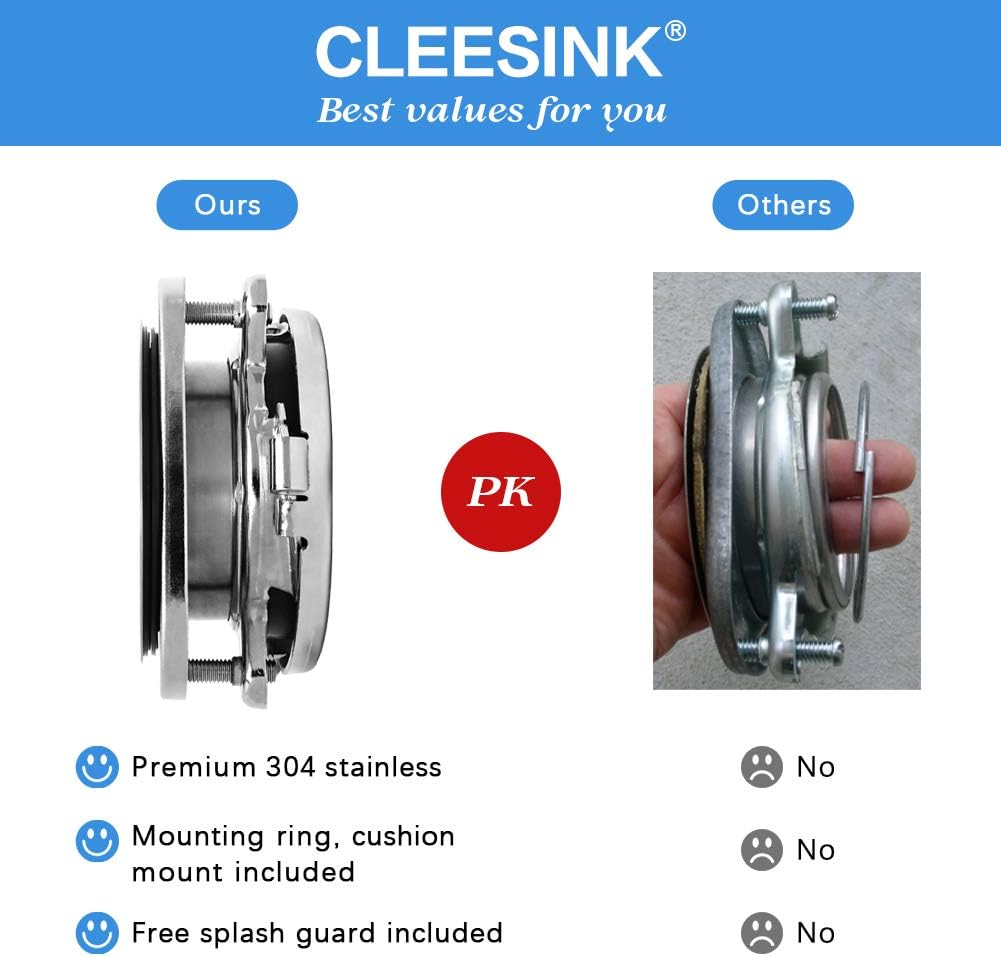 Cleesink Garbage Disposal Flange, 3 Bolt Mount Stainless Steel Kitchen Sink Flange Kit with Splash Guard for 3 1/2 Inch Standard Sink Dr
