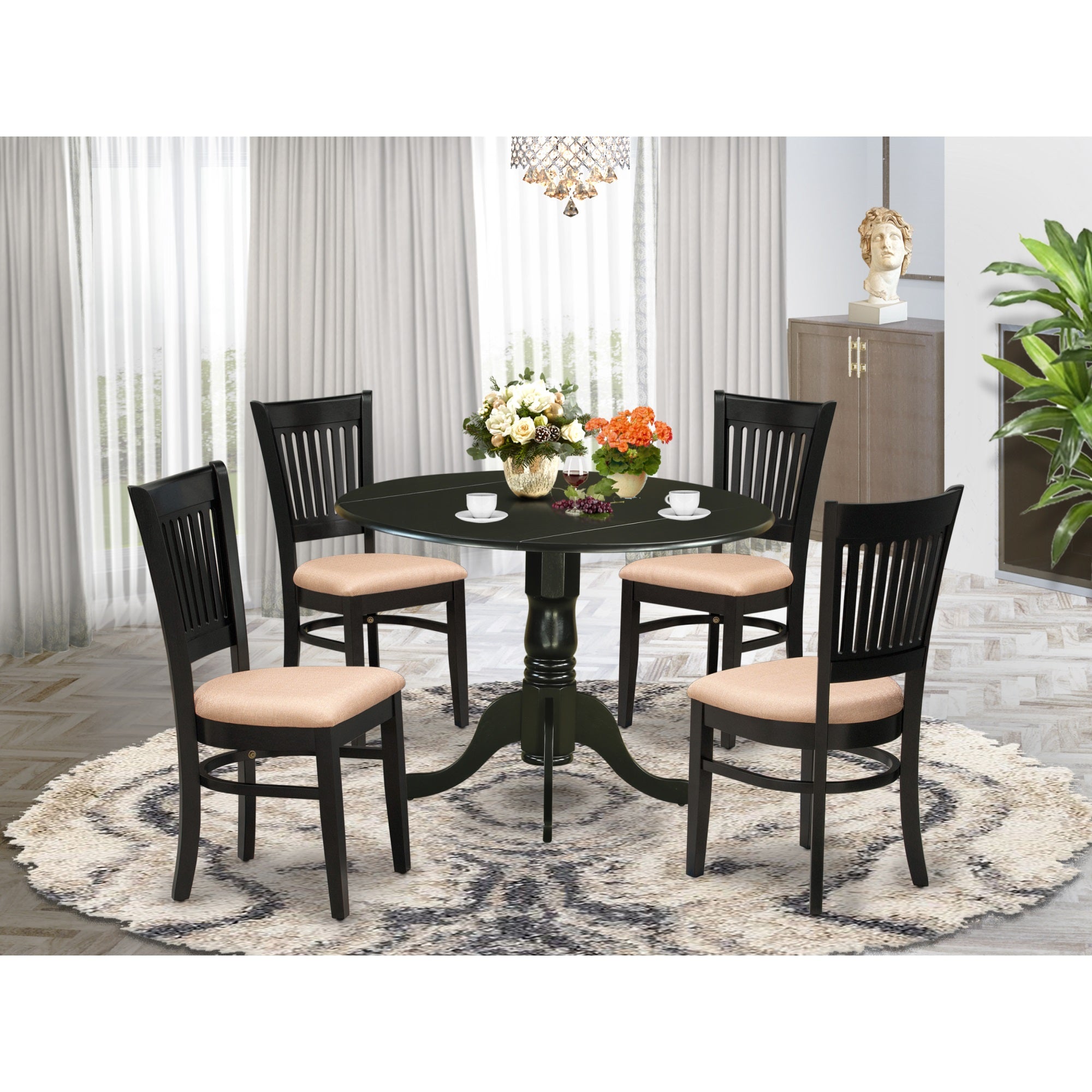 East West Furniture - DLVA5-BLK-C - 5-Pc Dining Room Table Set- 4 Wooden Chairs with Linen Fabric Seat and Slatted Chair Back