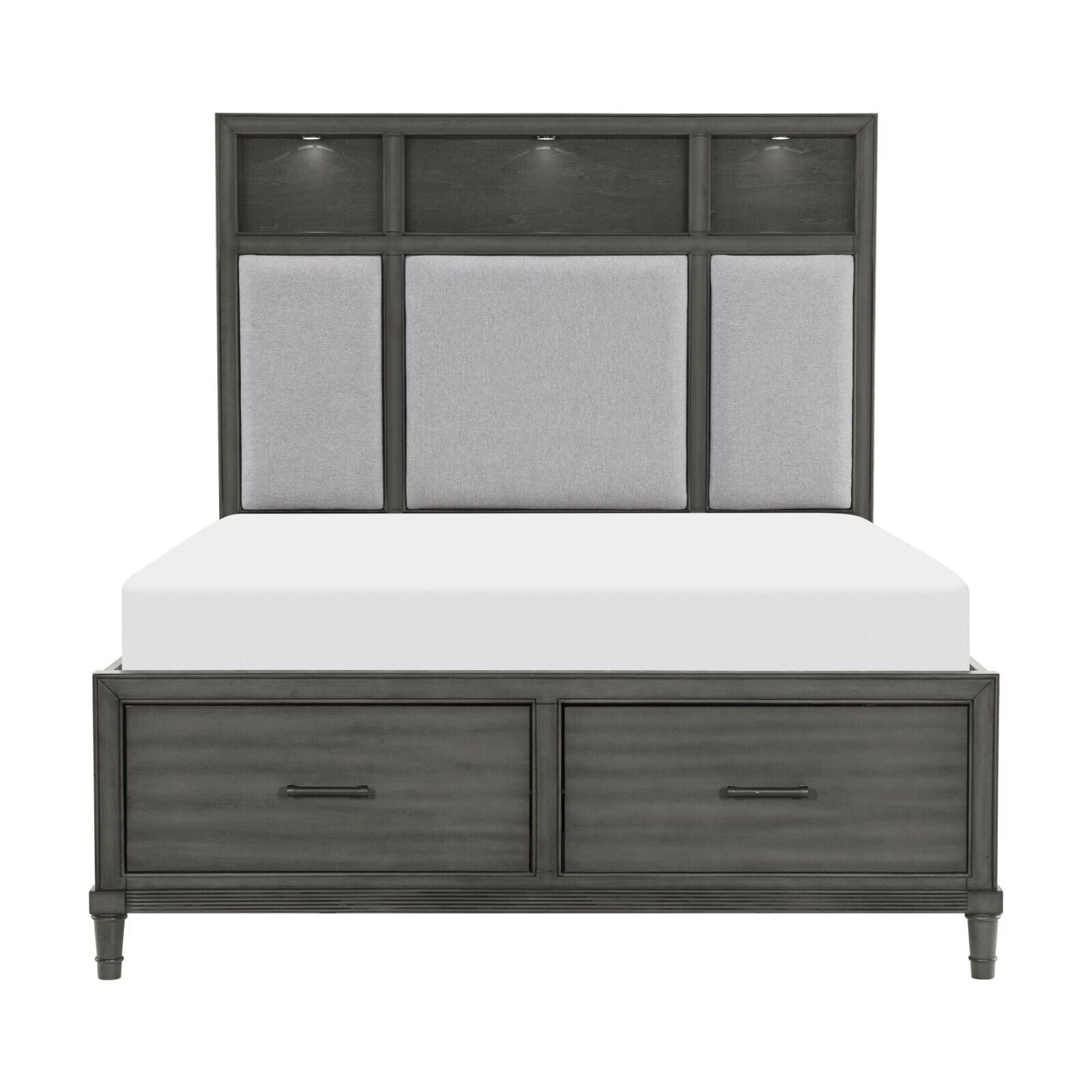 Esofastore Transitional Style Platform Bed Est King Size w Footboard Storage USB Port Bookshelves LED Light Headboard Modern Furniture