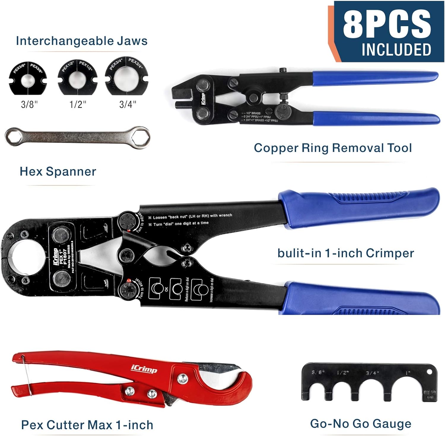 Iwiss &a;#194;&a;#174; F1807 Copper Ring Crimping Tool Kit for 3/8,1/2,3/4,1-inch- Free Removal Tool