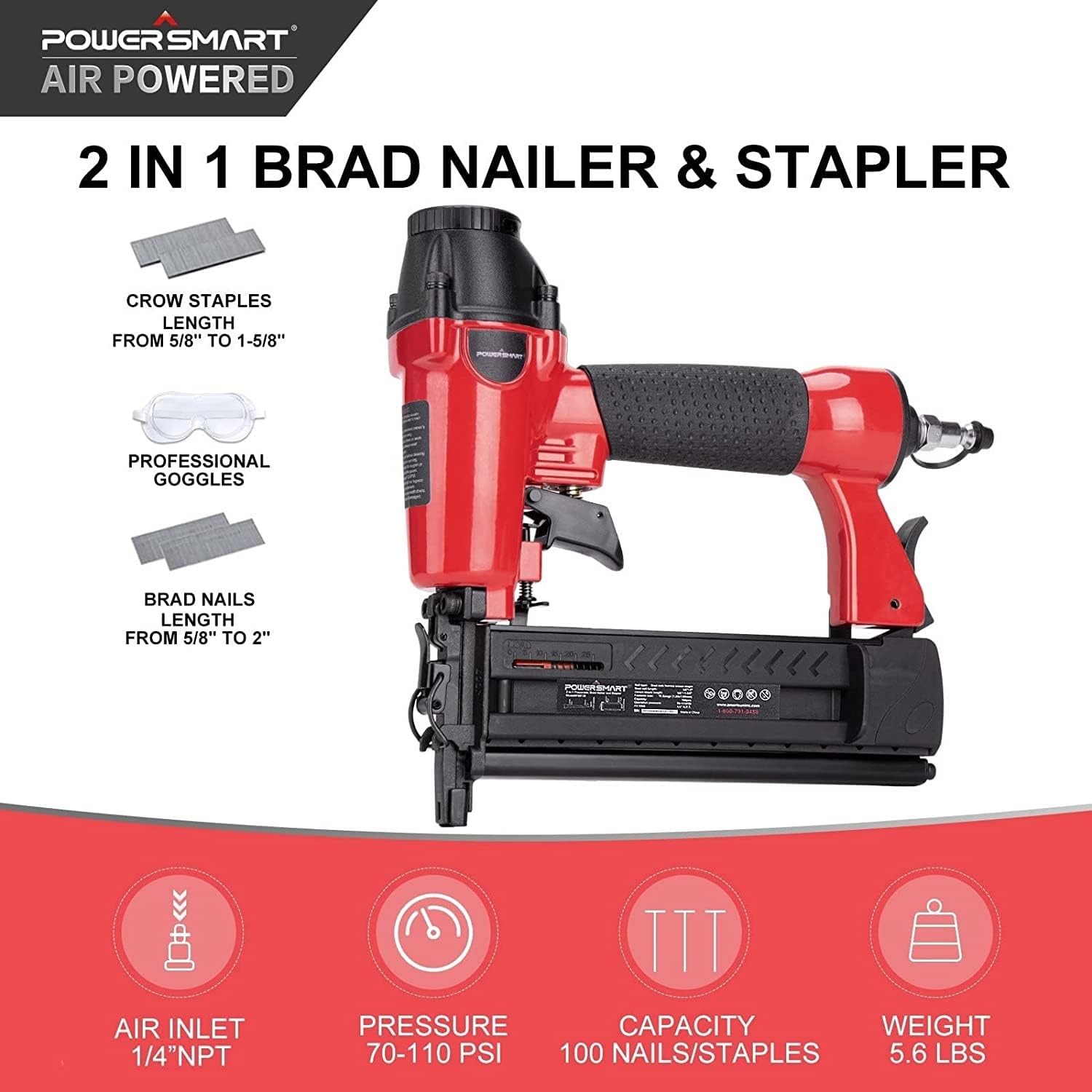 Amerisun Inc PowerSmart Pneumatic Brad Nailer with Safety Goggles, 18 GA, 2 in 1 Nail Gun and Crown Stapler with 300pcs Nails/ 200pcs Staple