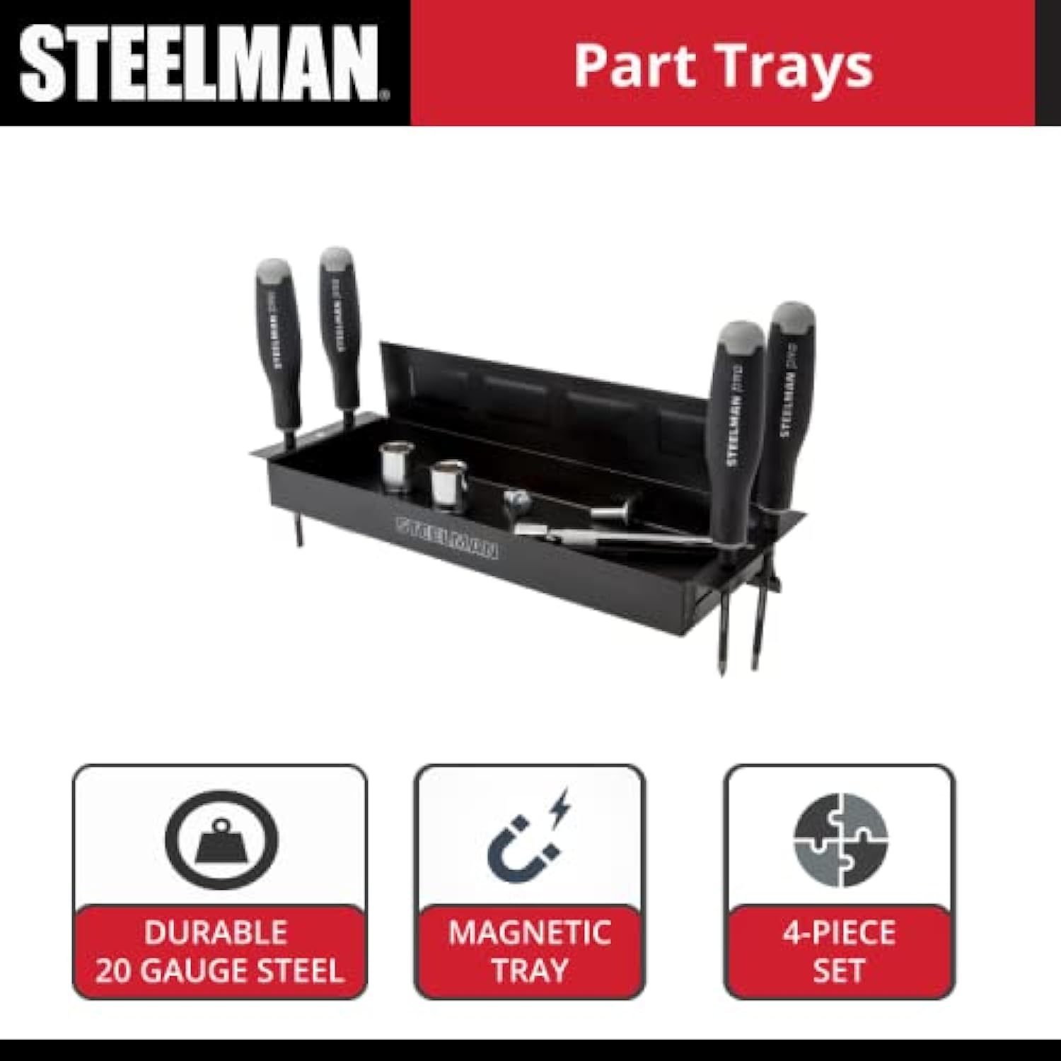 GCP Products Non-Marring Magnetic Tool/Parts Storage Trays For Rolling Toolboxes, Durable Steel, 4-Piece Set