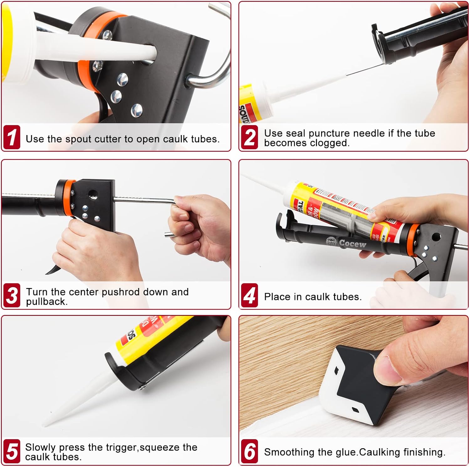 Cocew Caulking Tool Kit, Drip-Free Caulk Gun and Sealant Finishing Tool Grout Scraper,5 Replace Silicone Pads, Great Tools for Kitche