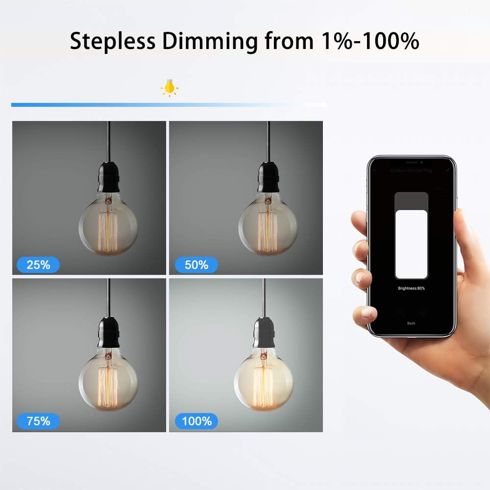 WTESKE Smart Outdoor Dimmer, Wifi Plug-in Light Dimmer Switch for LED String Light, Wireless Remote Control Dimming-350W, Outdoor Plug