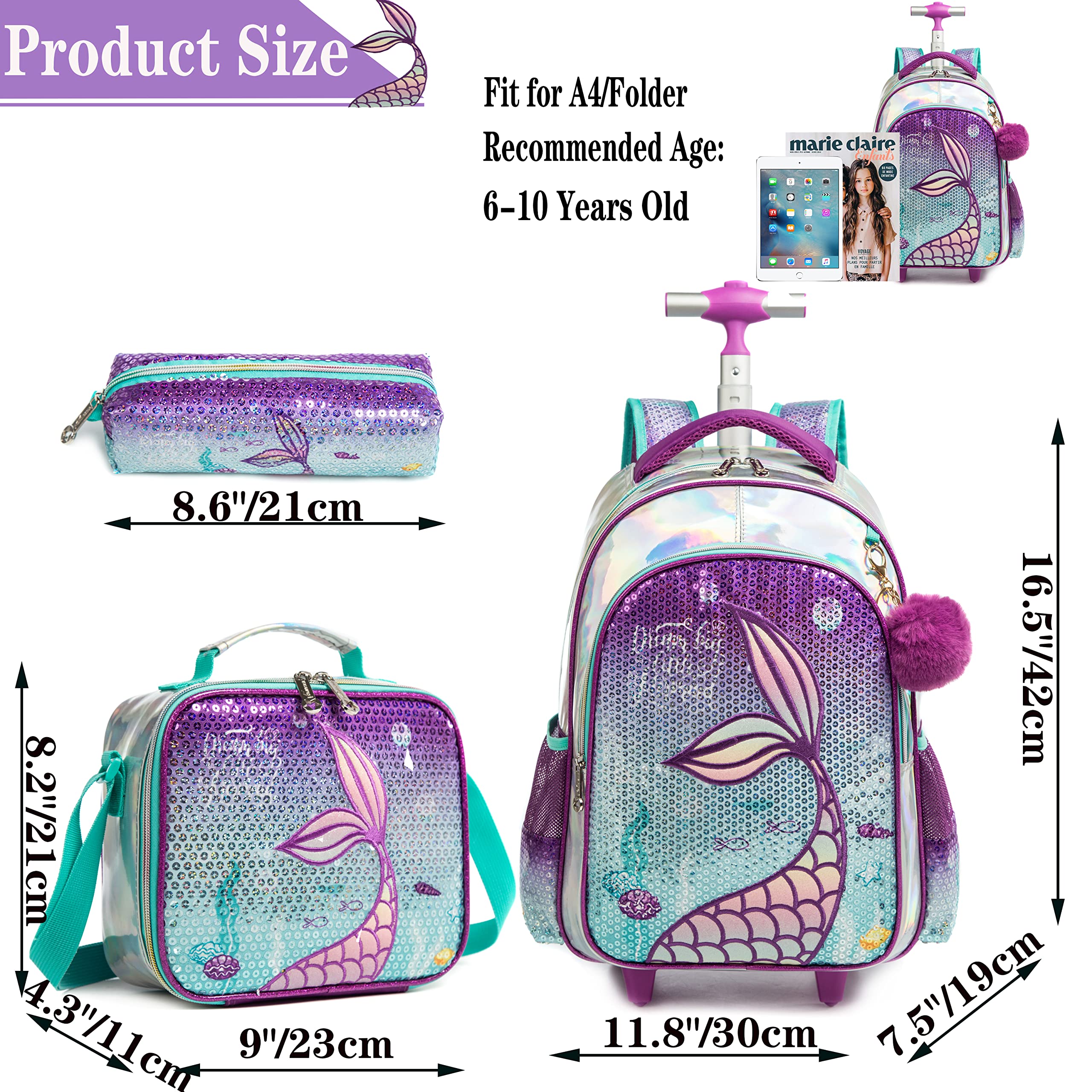Meetbelify Mermaid Rolling Backpack for gilrs Backpacks with Wheels for Elementary School Bag Trolley Trips Luggage with Lunch Box for Pres